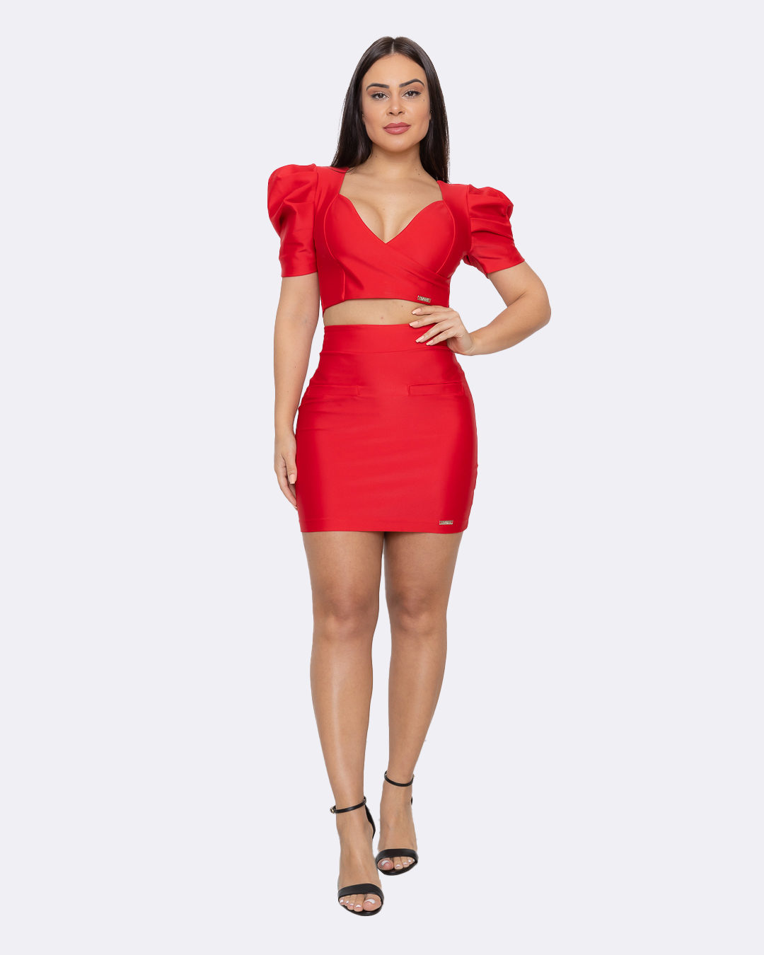 Limone - Fitness Set Top and Pants Limone Skirt and Cropped Red Puffed Sleeve - 08-866VERM