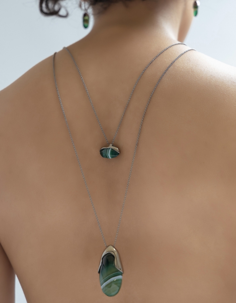 Mikabe - Long Double Necklace Green Agate Striped - MK1373