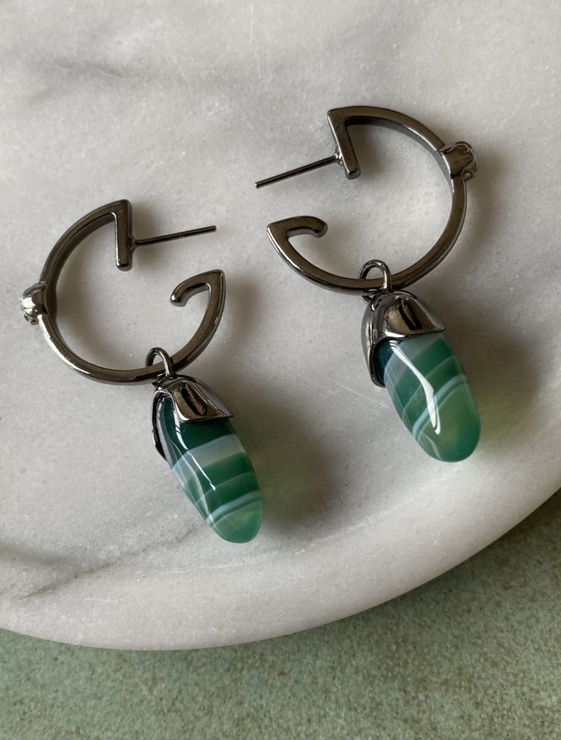 Mikabe - Green Striped Agate Pendant Earring Hoop - MK1374