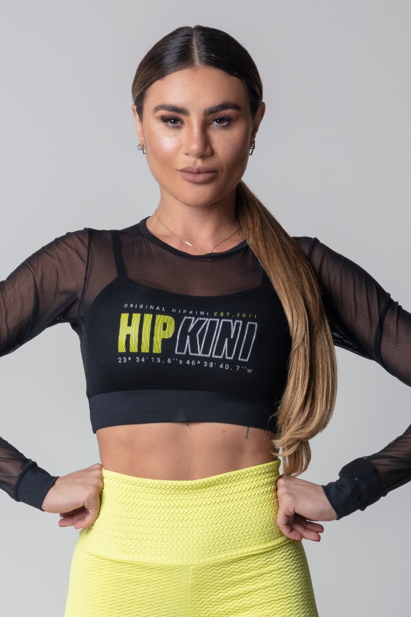 Hipkini - Blusa Blogger Fitness Preta com Tule Sobreposto - 3339758