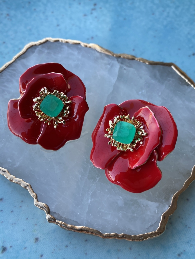 Mikabe - Flower Earring Enamelled Red and Tourmaline Fusion - MK1446