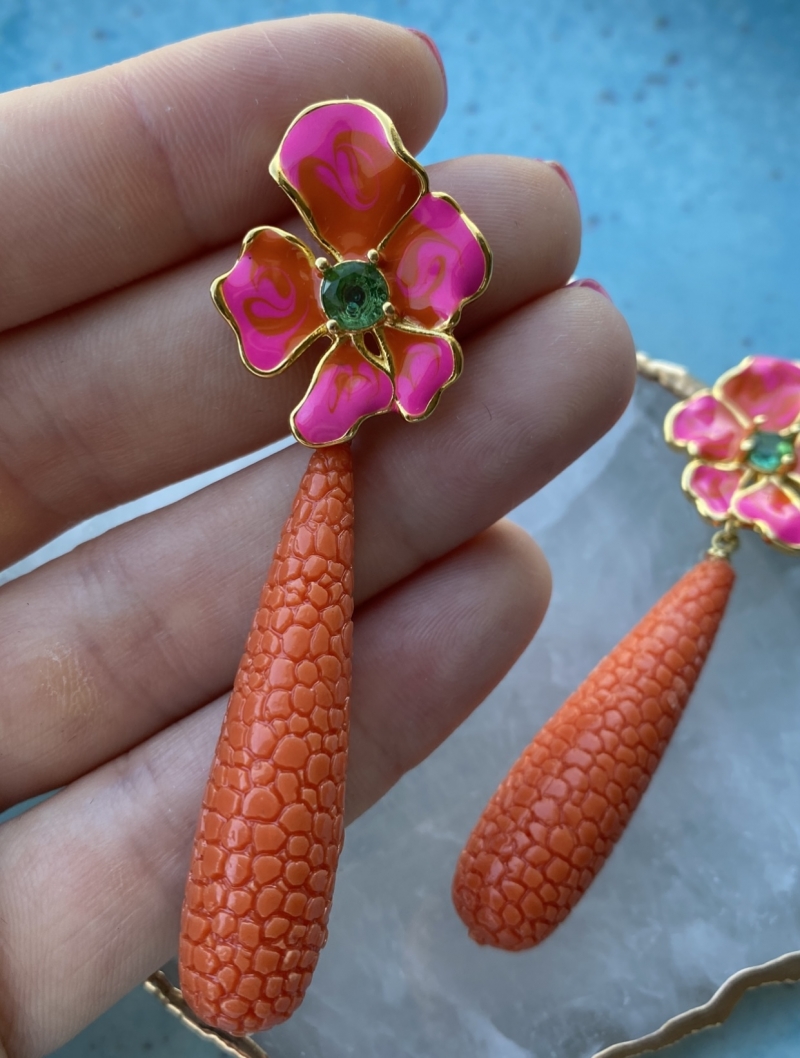 Mikabe - Earring Flower Pink Drop Resin Orange - MK1449