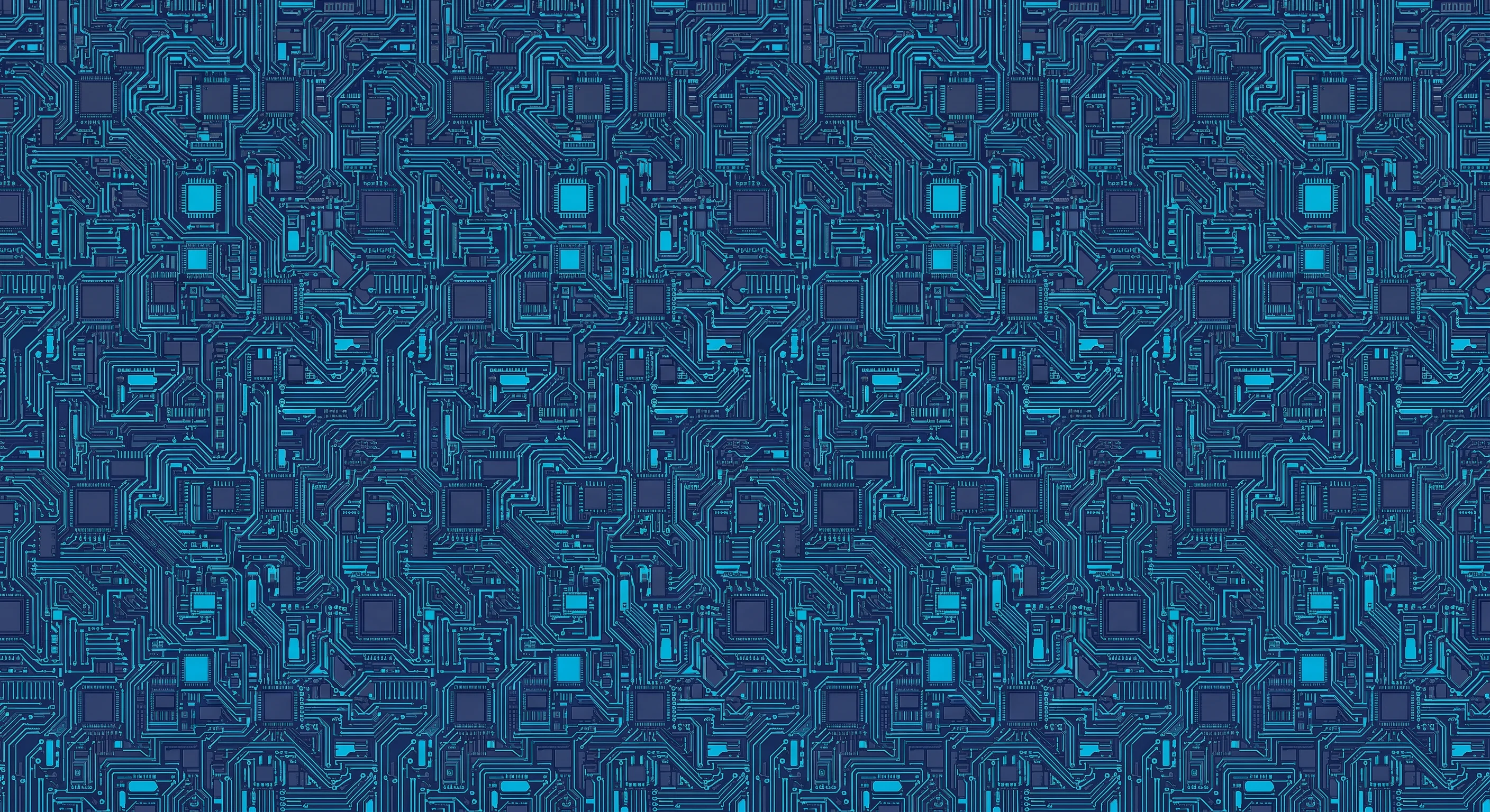 A repeating, intricately detailed tileable square pattern featuring deconstructed micro chip architecture and abstract circuit board traces, rendered in a precise vector graphic style with fine linework. Dominant colors are deep indigo blue, bright cyan, and subtle charcoal grey, evoking a cool, analytical, and slightly futuristic mood. The motif is dense and small-scale, creating a continuous, technical tapestry.