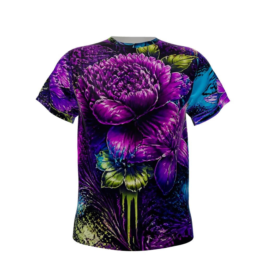 A neo-baroque floral explosion, where opulent blooms like peonies and lilies erupt in neon violet, electric cyan, and iridescent lime. Visual style is an energetic, street-art inspired mashup of high-gloss graffiti tags and meticulously rendered botanical illustrations, featuring wet drips, stenciled flourishes, and halftone patterns, all drenched in a vibrant, almost liquid saturation, hinting at an untamed, artificial garden.