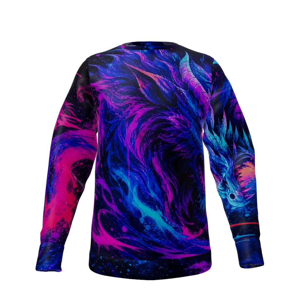 Neon-drenched spectral dragons and mythical beasts, rendered in a dynamic, dripping spray paint graffiti style with iridescent sheen, emerge from a swirling cosmic abyss. Fluorescent magenta, electric blue, and deep violet pigments blend in holographic gradients and splatter effects, evoking a primal, street art energy and otherworldly grandeur.