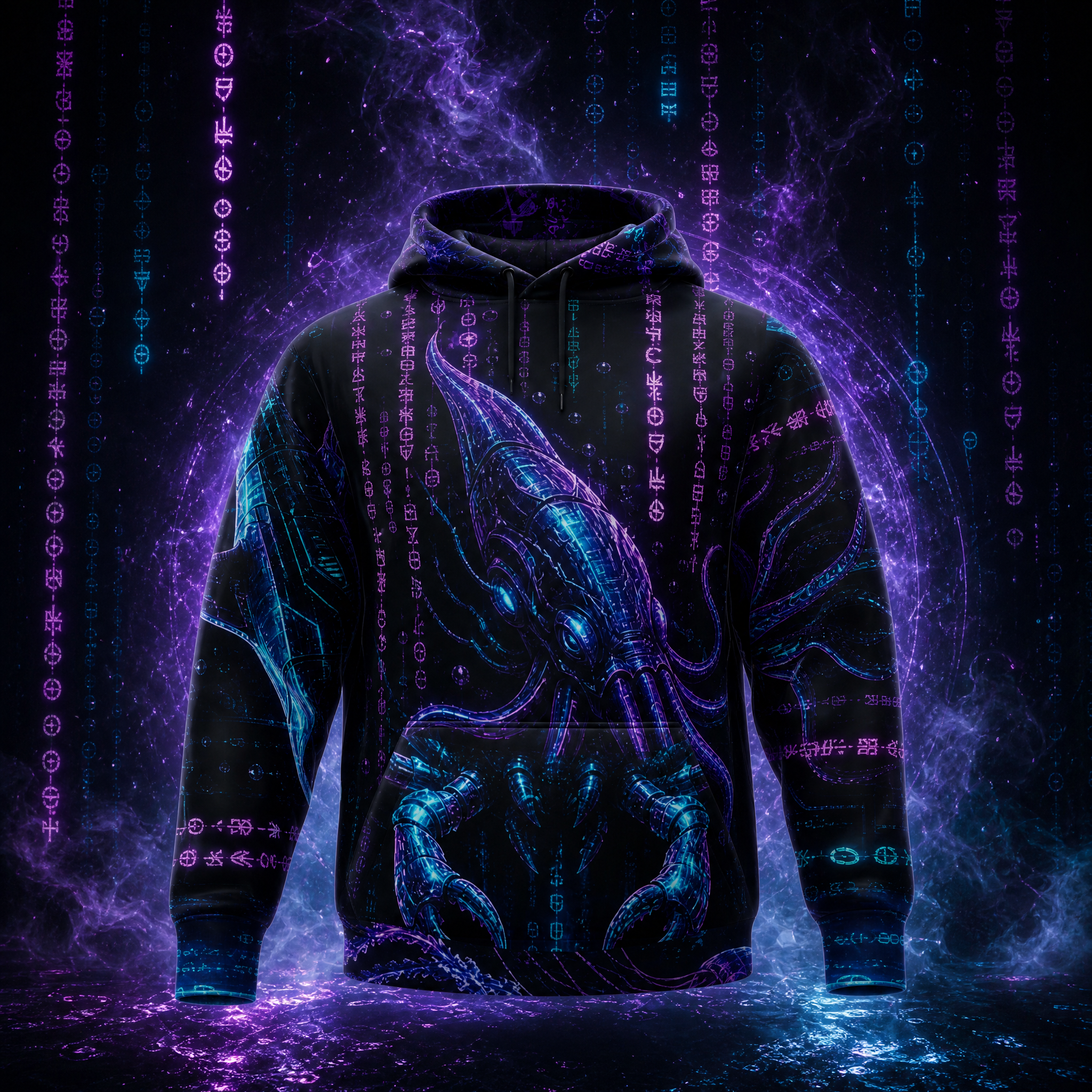 old ancient/alien like text flowing down in neon accent colours to the background which is matrix like with electric/robot like sea creatures. Both sleeves have accent colours to the front and back design
