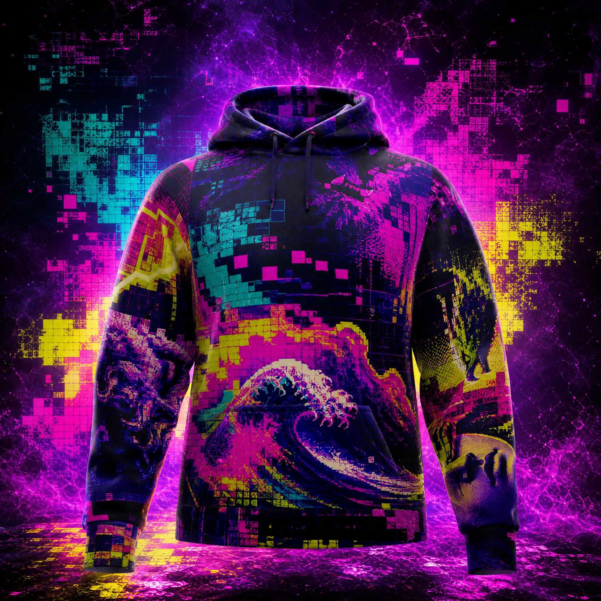 "Glitch Pantheon": A chaotic digital realm where ancient gods and mythological beasts are re-imagined as pixelated avatars, their forms fracturing and reforming in an electric datamosh aesthetic. The mood is epic and disorienting, with vibrant fuchsia, neon chartreuse, and deep indigo exploding across the canvas. Dynamic line work and halftone patterns create a sense of frantic energy, punctuated by digital noise and glowing geometric distortions that hint at forgotten code.