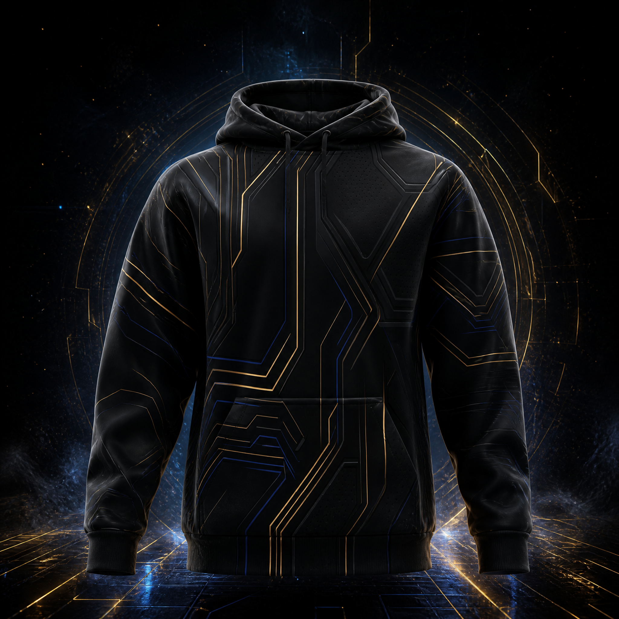 Design a premium oversized hoodie for my luxury streetwear brand "ECLIPSE".  Main color: - Matte deep black (#0B0B0B).  Style: - Minimalist luxury techwear. - Futuristic but wearable. - Premium fashion brand similar to Acronym, Nike Tech, Arc'teryx Veilance and Represent. - Clean design, not superhero-like.  Front: - Small embroidered gold phoenix logo on the left chest. - Thin royal blue and gold lines starting at the shoulders and flowing naturally down the sleeves and sides. - Hidden half zipper under the collar. - High structured hood. - Kangaroo pocket with hidden zippers.  Back: - Large