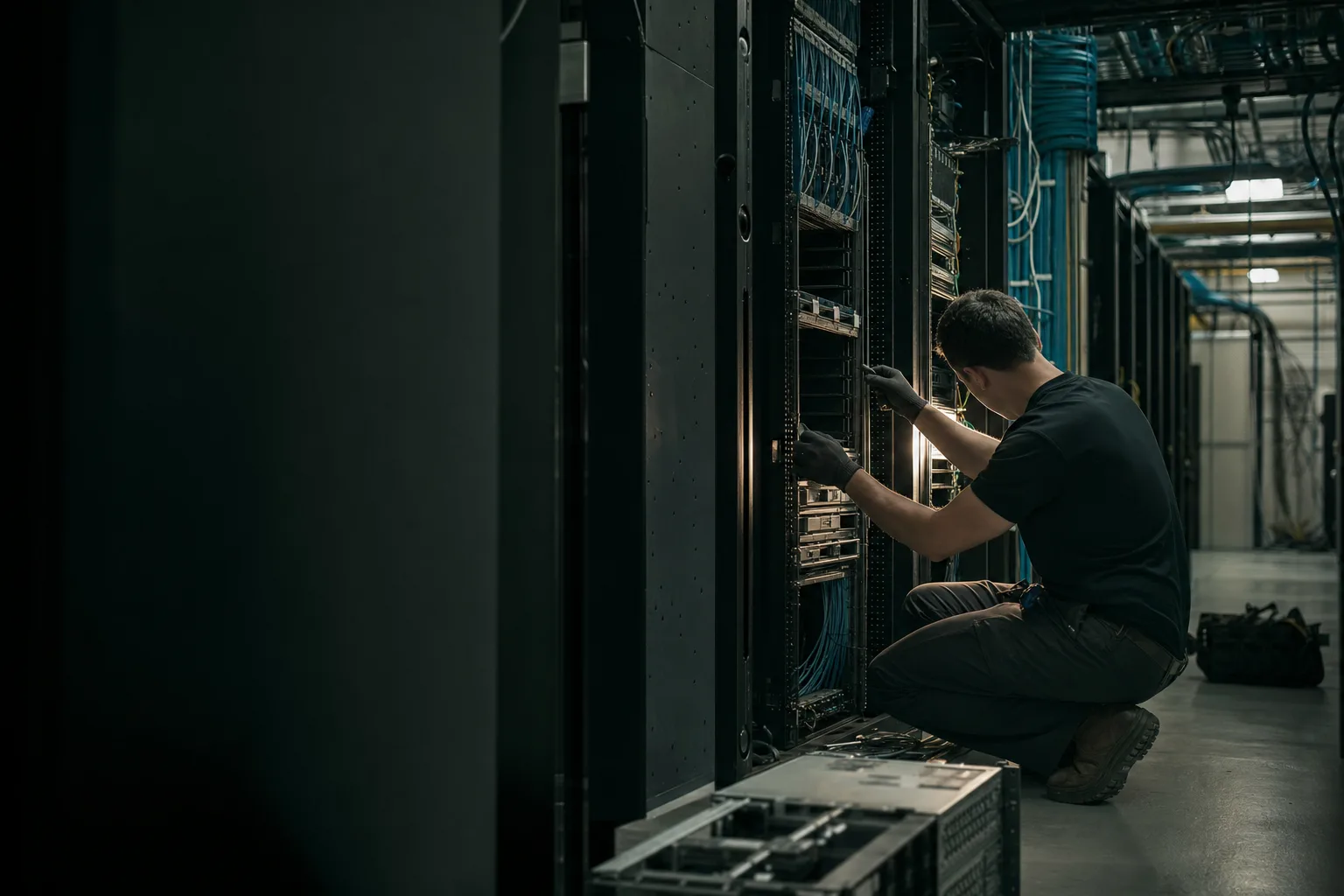 Editorial photograph: server infrastructure being replaced mid-migration, accompanying .NET Framework to .NET 8 Migration.