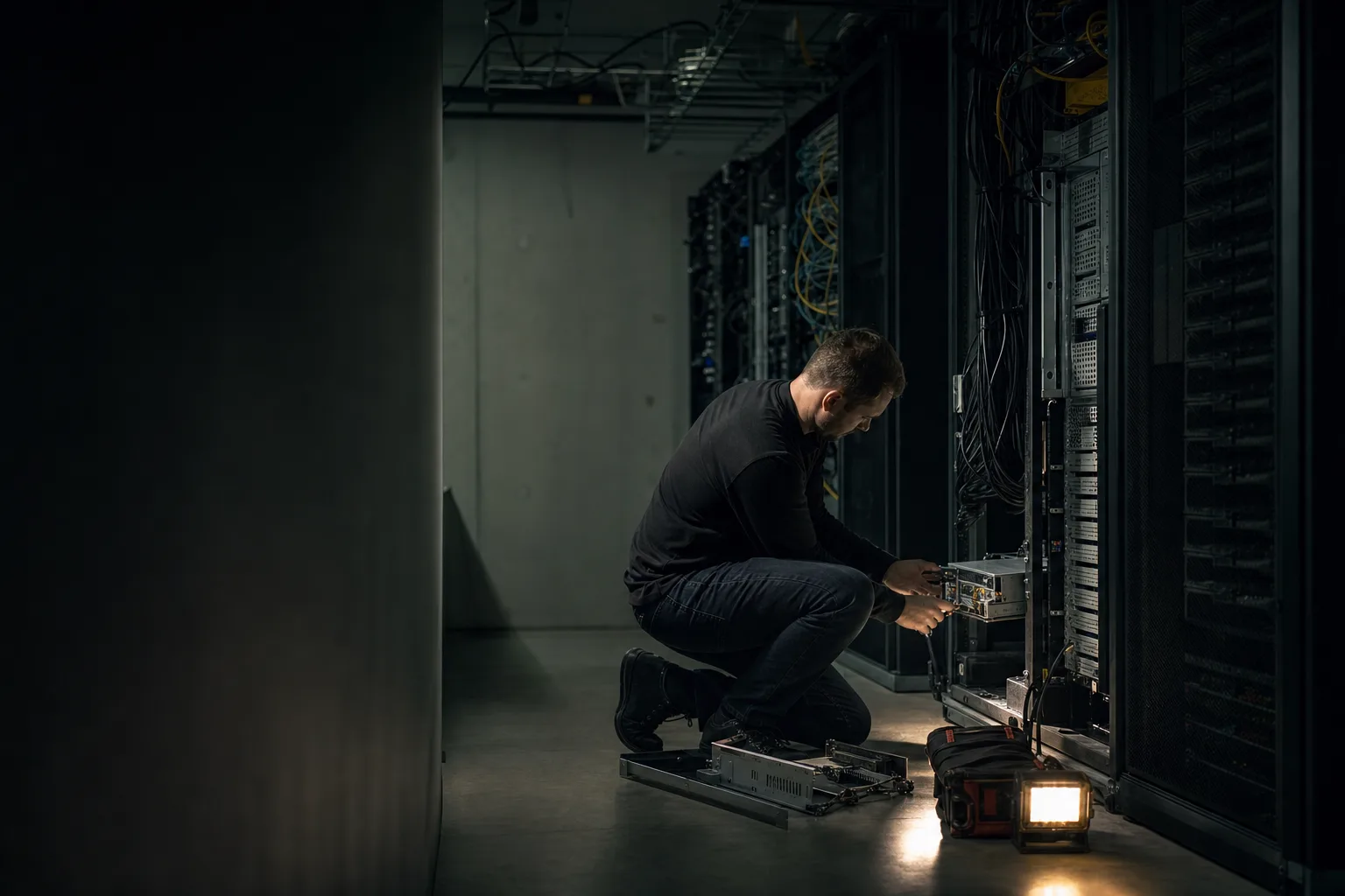 Editorial photograph: server infrastructure being replaced mid-migration, accompanying jQuery to React Migration: Incremental, SEO-Safe.