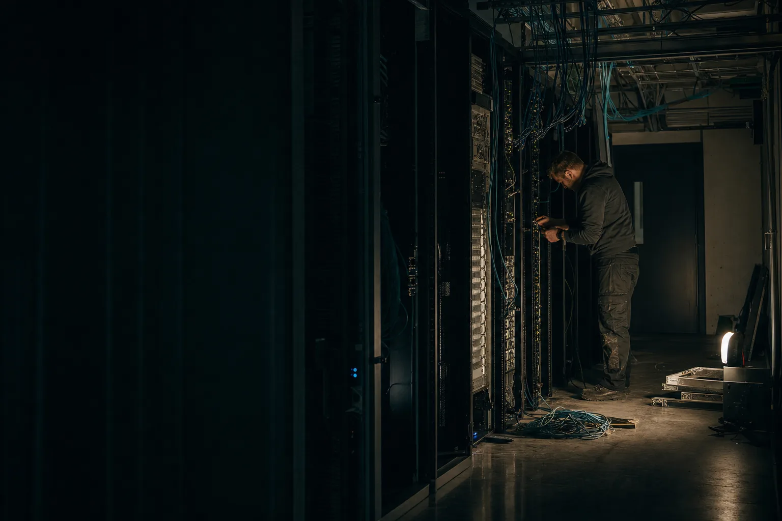 Editorial photograph: server infrastructure being replaced mid-migration, accompanying Monolith to Microservices Migration.