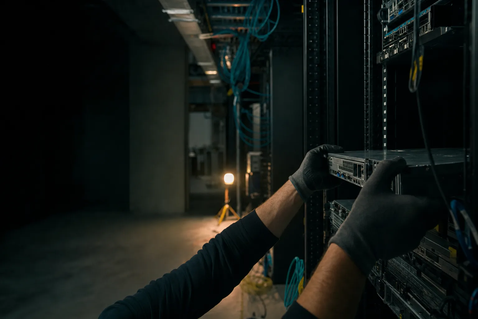 Editorial photograph: server infrastructure being replaced mid-migration, accompanying On-Prem to Cloud Migration Consulting.