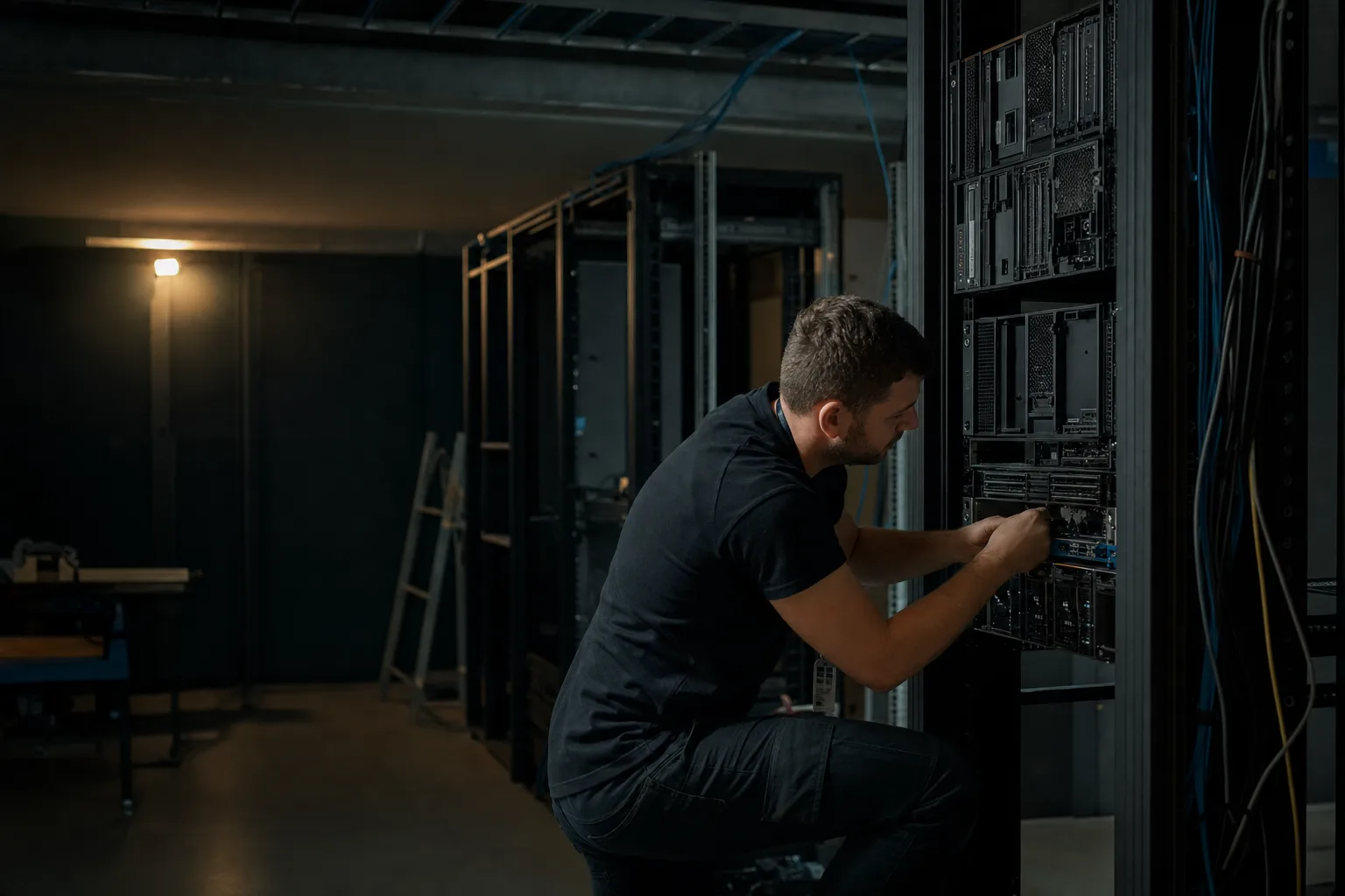 Editorial photograph: server infrastructure being replaced mid-migration, accompanying Oracle to PostgreSQL Migration Services.