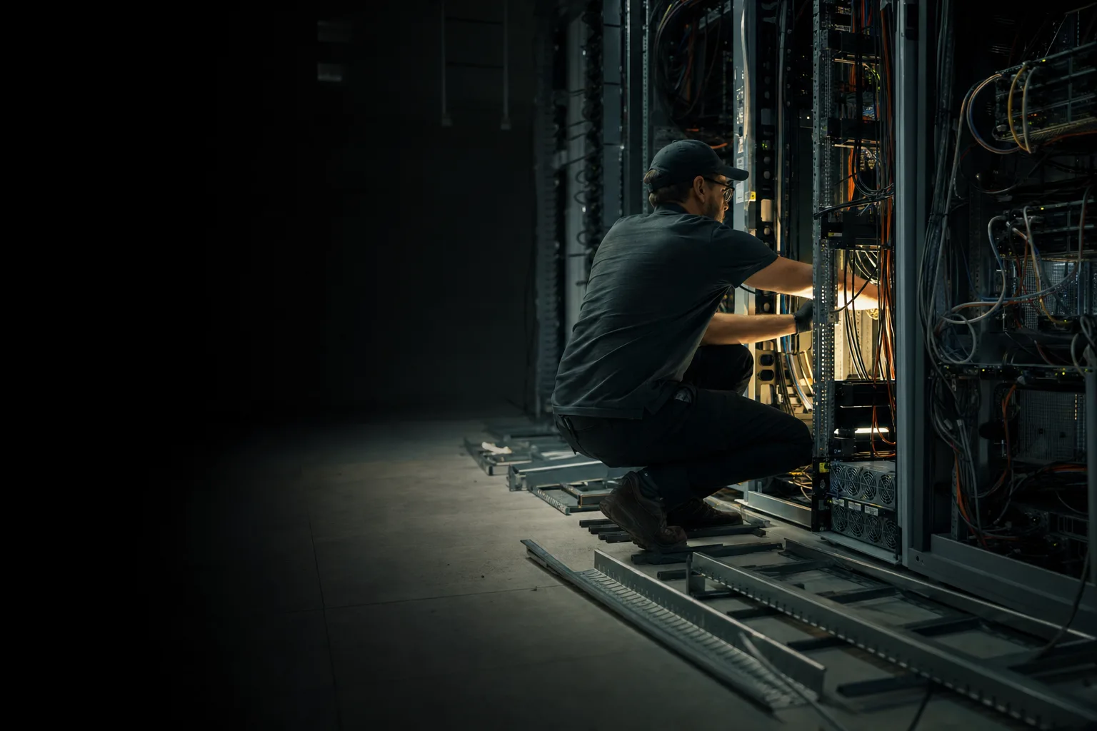 Editorial photograph: server infrastructure being replaced mid-migration, accompanying PHP to Node.js Migration.