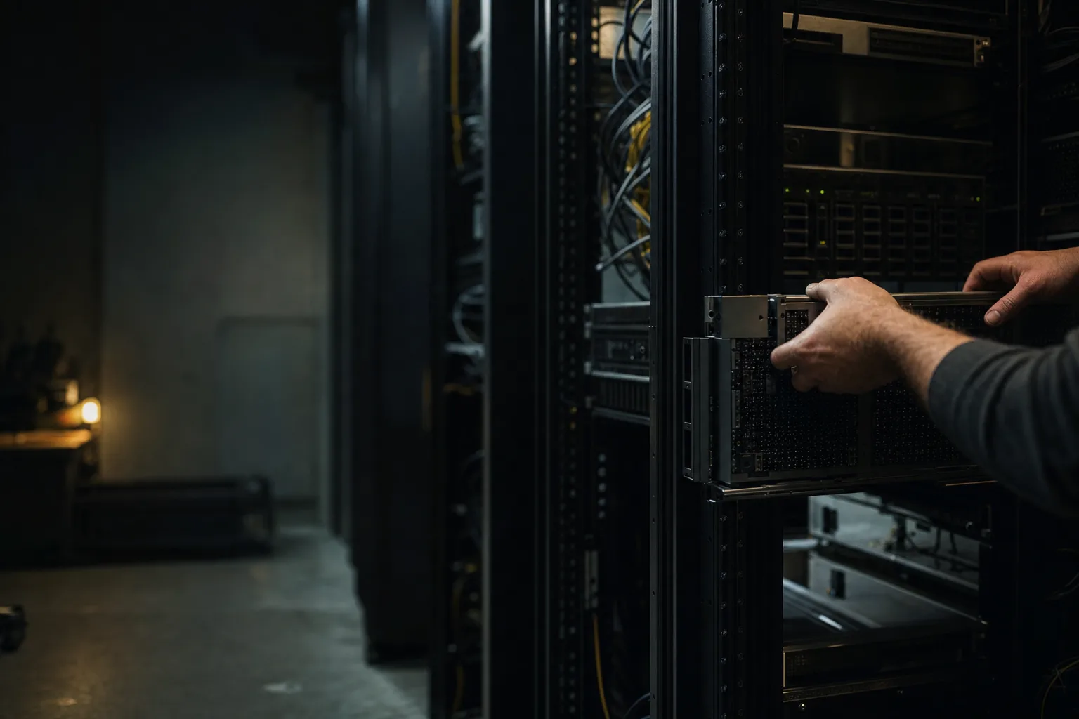 Editorial photograph: server infrastructure being replaced mid-migration, accompanying WordPress to Headless Migration (Astro, Next.js).