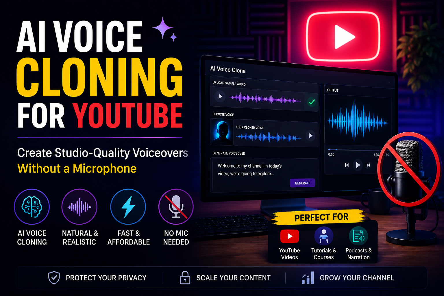 Visual representation of AI Voice Cloning for YouTube: Create Studio-Quality Voiceovers Without a Microphone