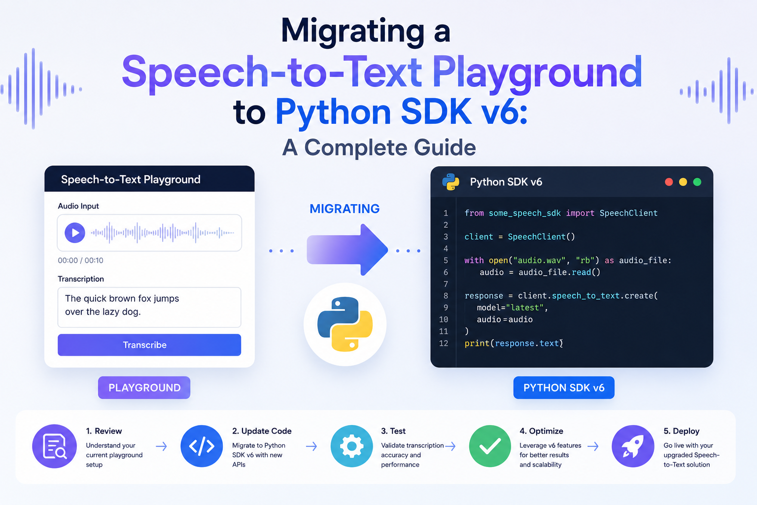 Migrating your Speech-to-Text playground to Python SDK v6 unlocks improved performance, simplified APIs, and access to the latest transcription features. This guide walks you through the migration process, highlights key code changes, and shares best practices for a smooth upgrade.