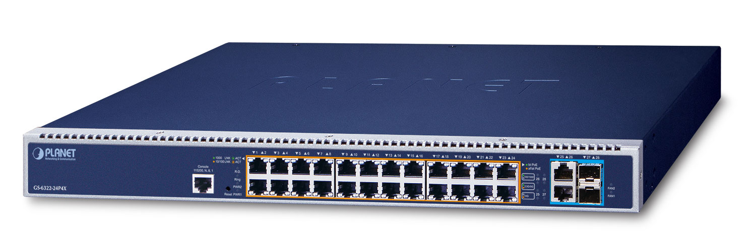 【GS-6322-24P4X】L3 24-Port 10/100/1000T 802.3bt PoE + 2-Port 10GBASE-T + 2-Port 10G SFP+ Managed Switch with Dual Modular Power Supply Slots