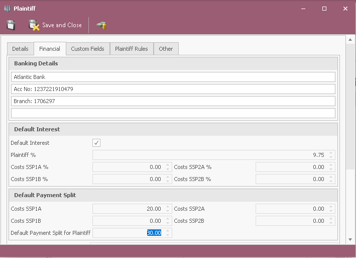 Finance - Plaintiff Interest Settings