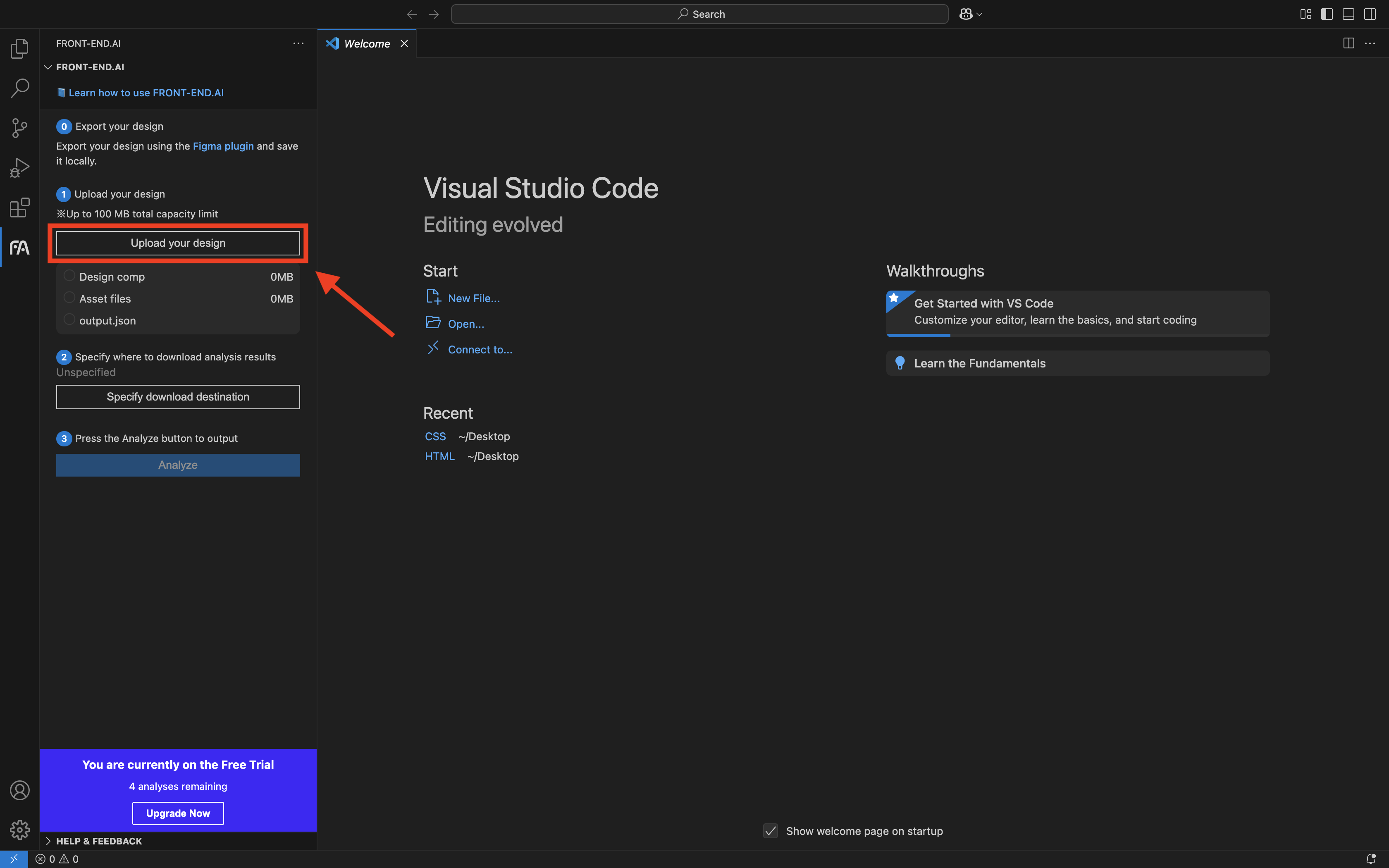file upload screen of FRONT-END.AI's extension