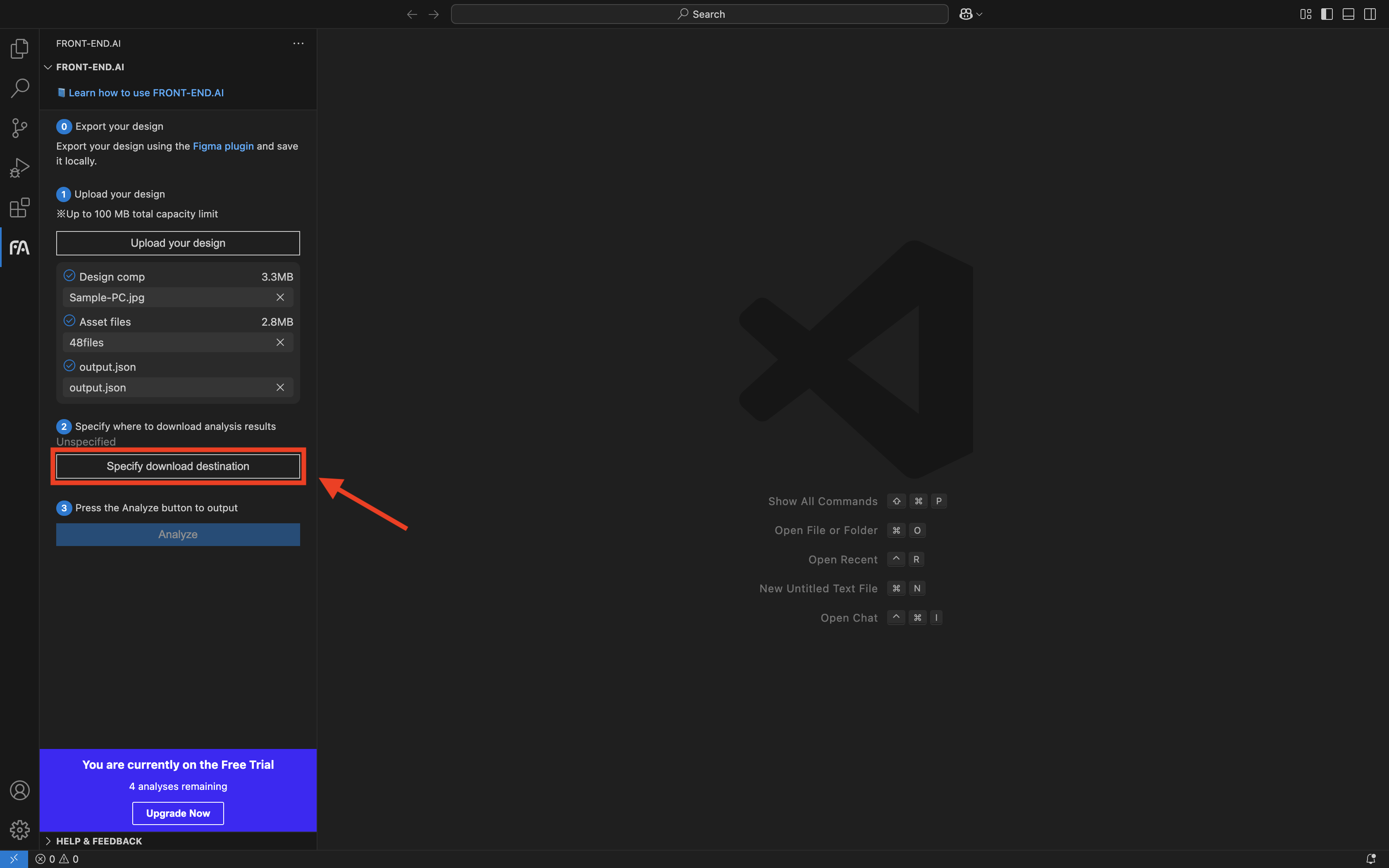 file upload screen of FRONT-END.AI's extension