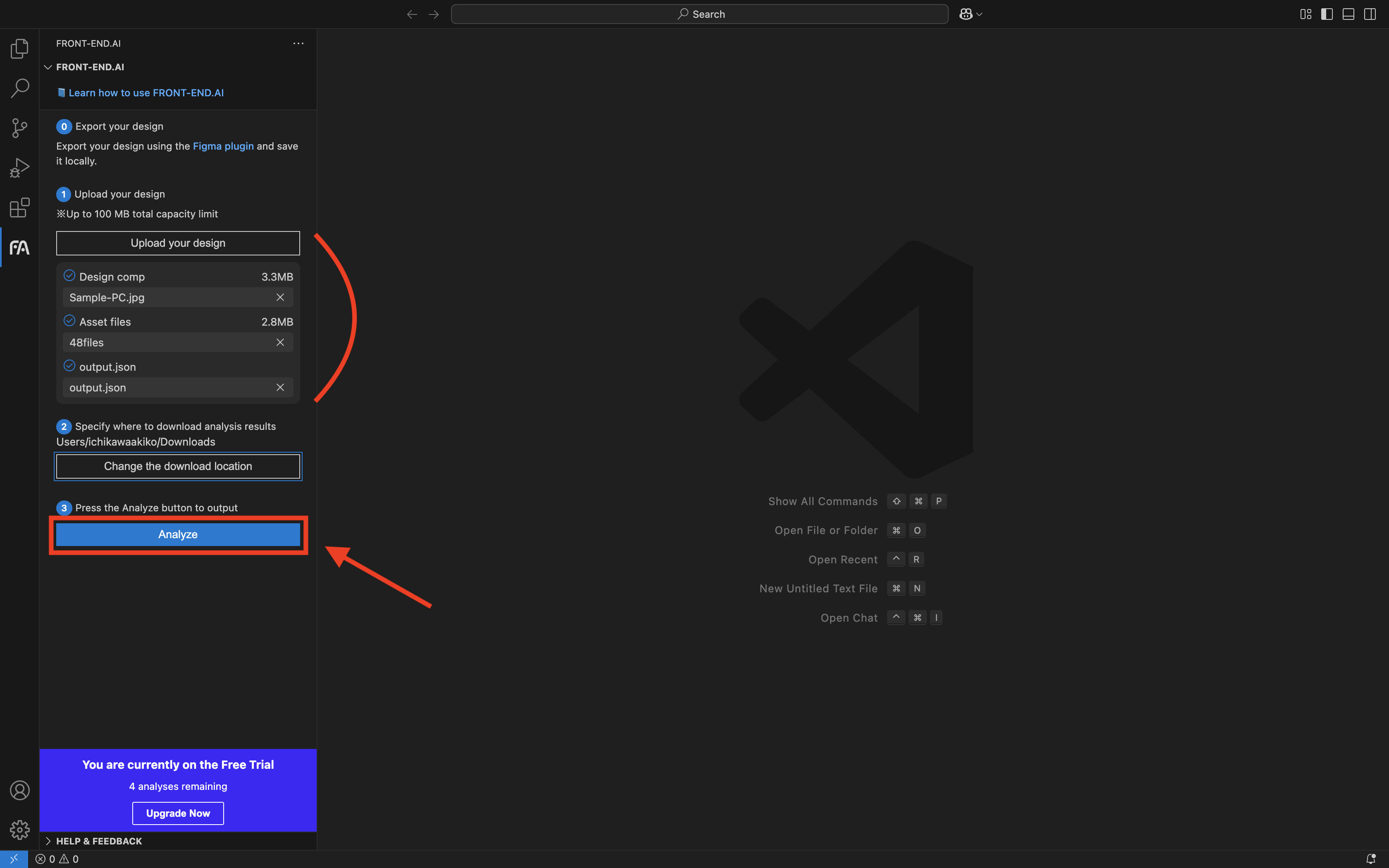 file upload screen of FRONT-END.AI's extension