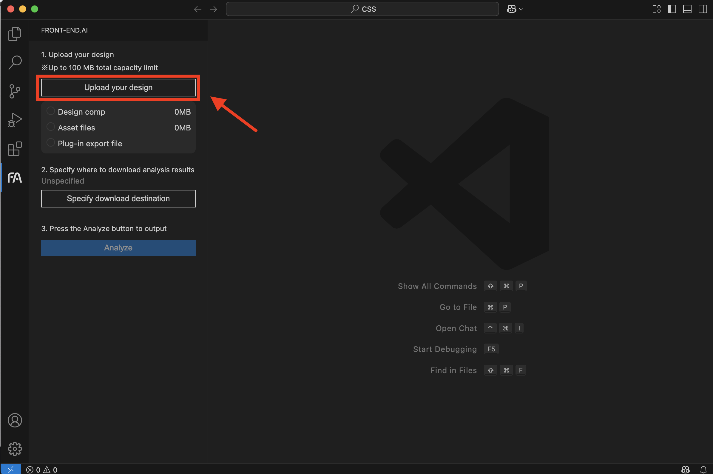 file upload screen of FRONT-END.AI's extension