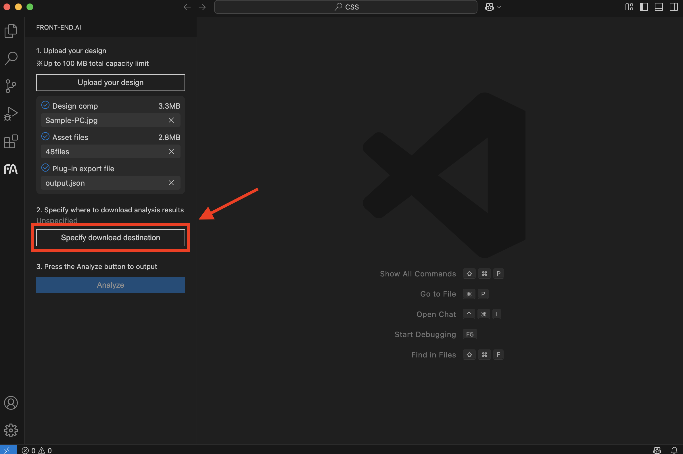 file upload screen of FRONT-END.AI's extension