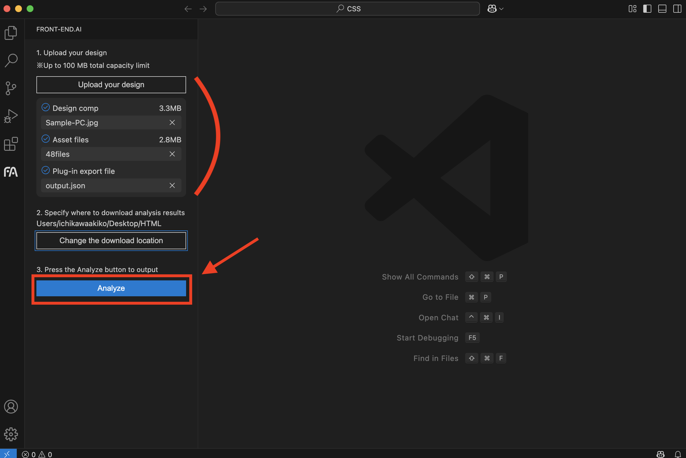 file upload screen of FRONT-END.AI's extension