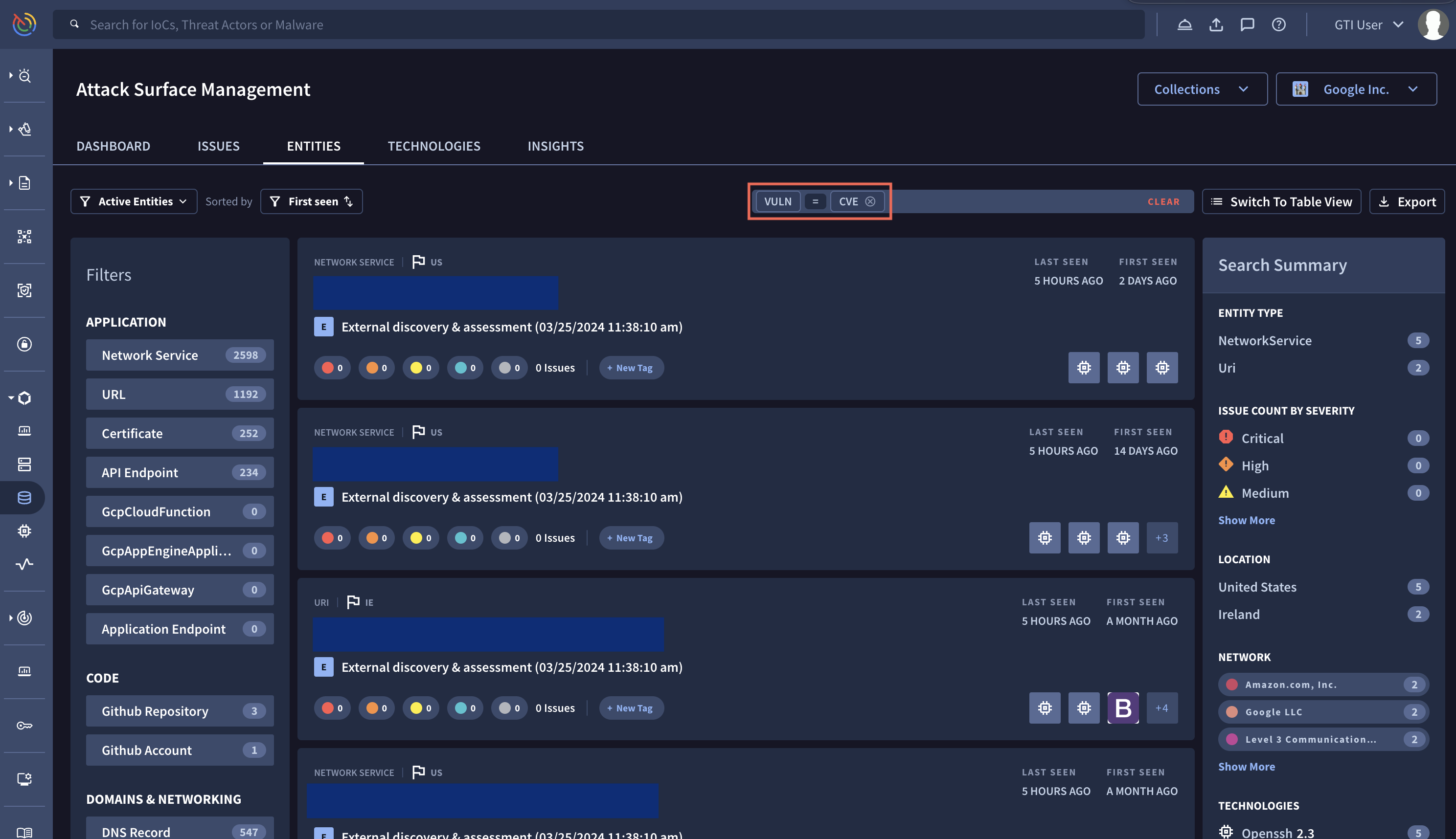 Entities page showing vuln colon cve search results.