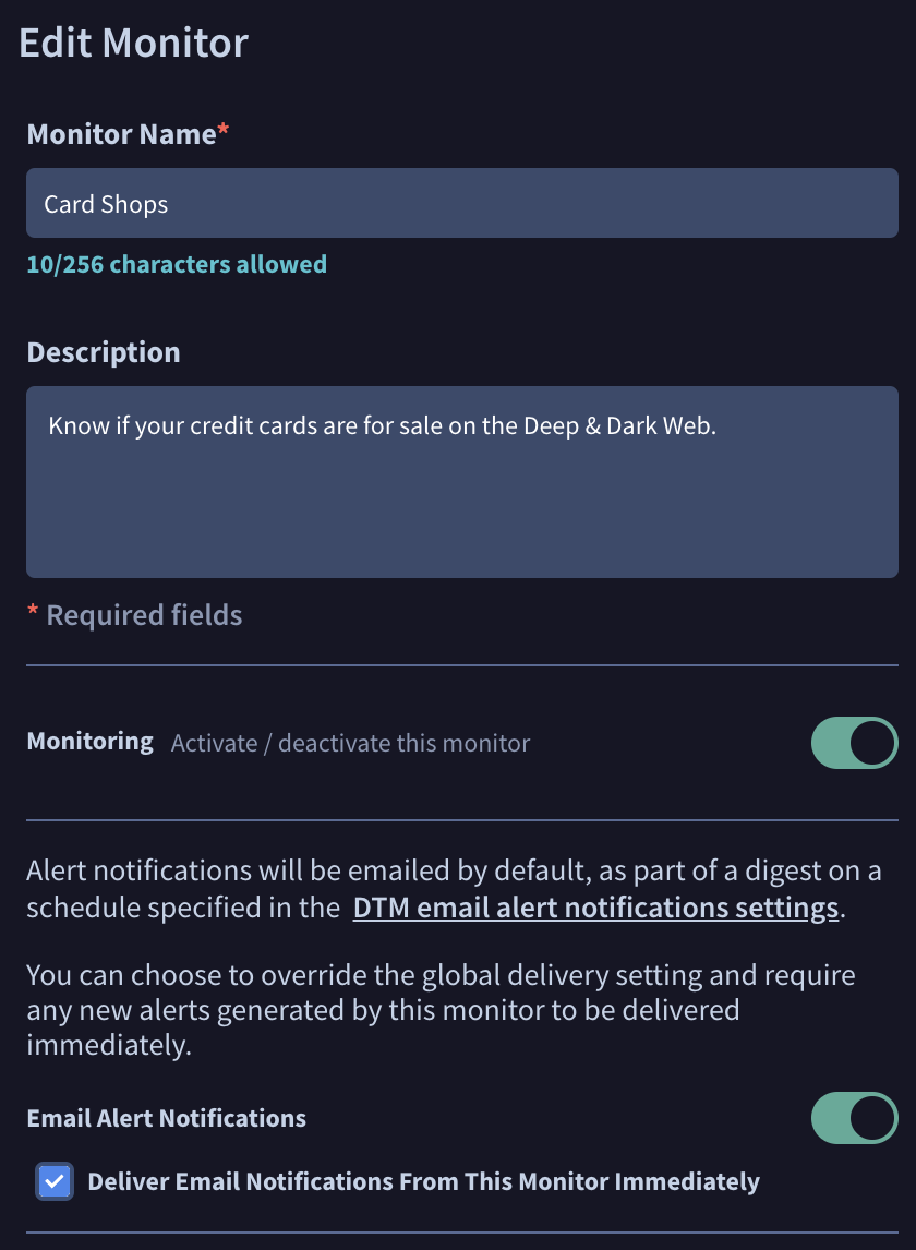 Edit a Monitor modal shows configurable fields for Name and Description, a toggle to turn Email Alert Notifications on or off, and a checkbox to deliver email notifications immediately