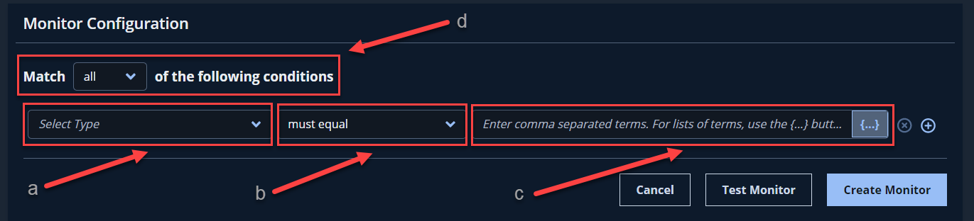 Red boxes highlight selections dropdowns for matching All or Any conditions, Select Type, Operator selection, and entering the Condition Values.