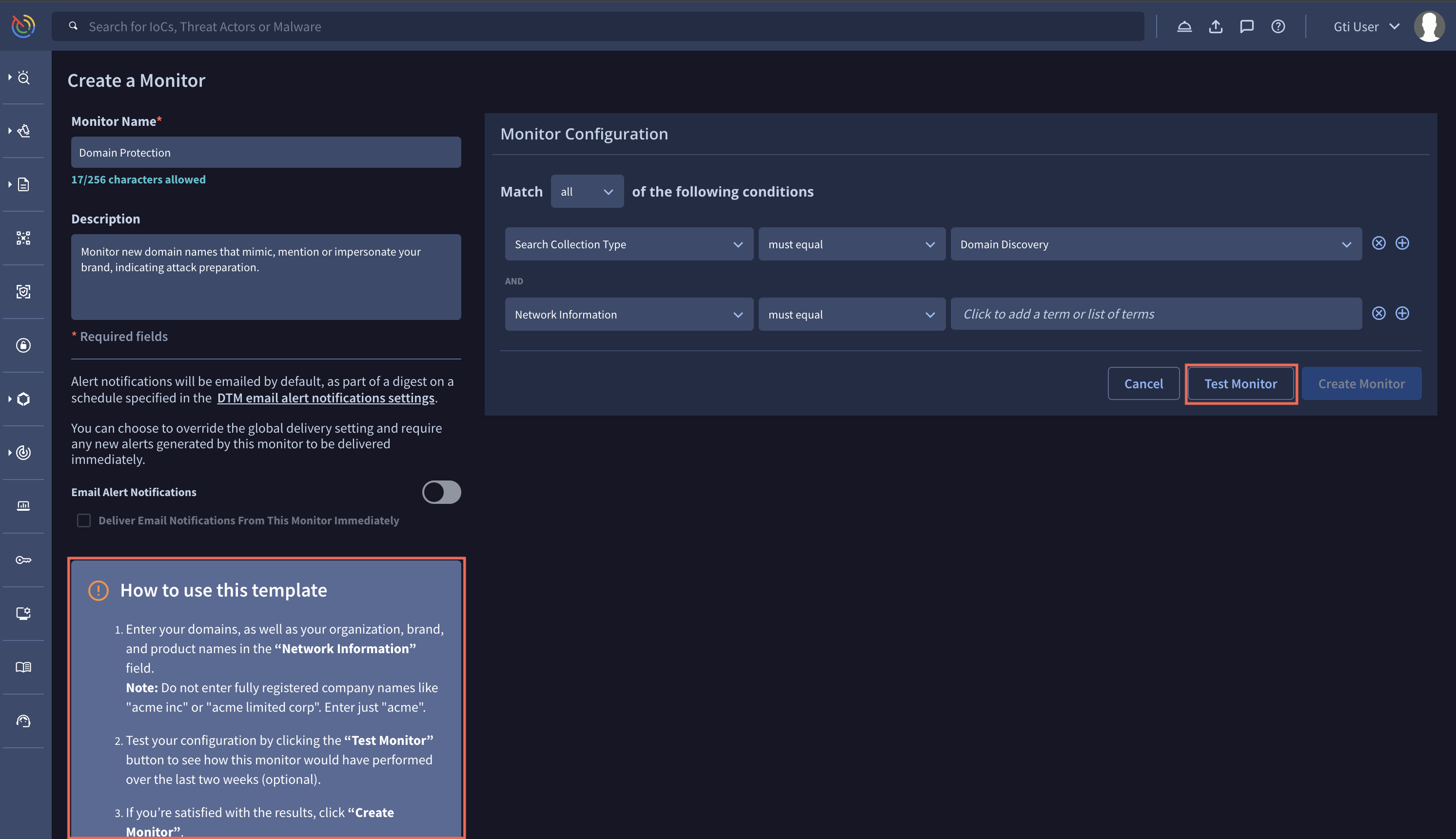 On the Create a Monitor screen, red boxes highlight a Test Monitor button and a section titled How to use this template.