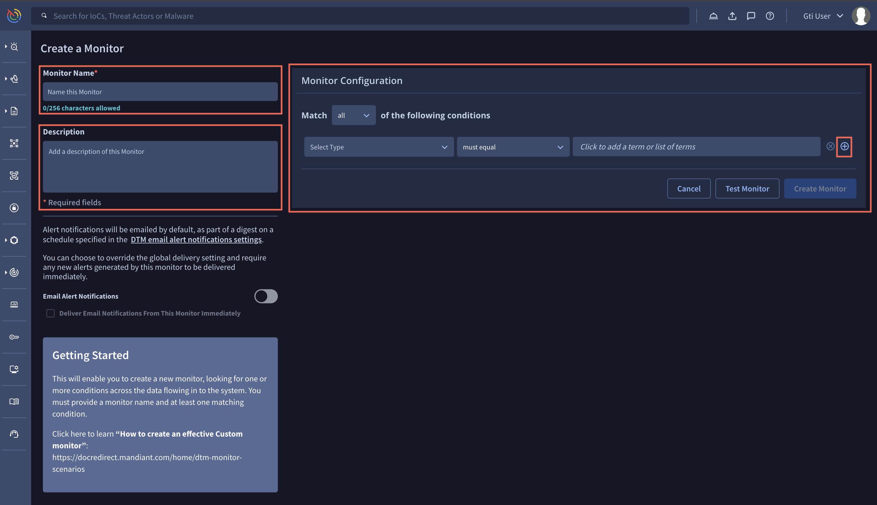 Red boxes highlight fields for Name, Description, and Monitor Configuration. Within Monitor Configuration, the ellipses icon and plus sign icon are highlighted with red boxes.