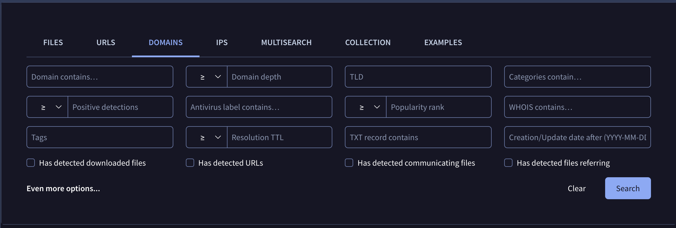 Domain Search options