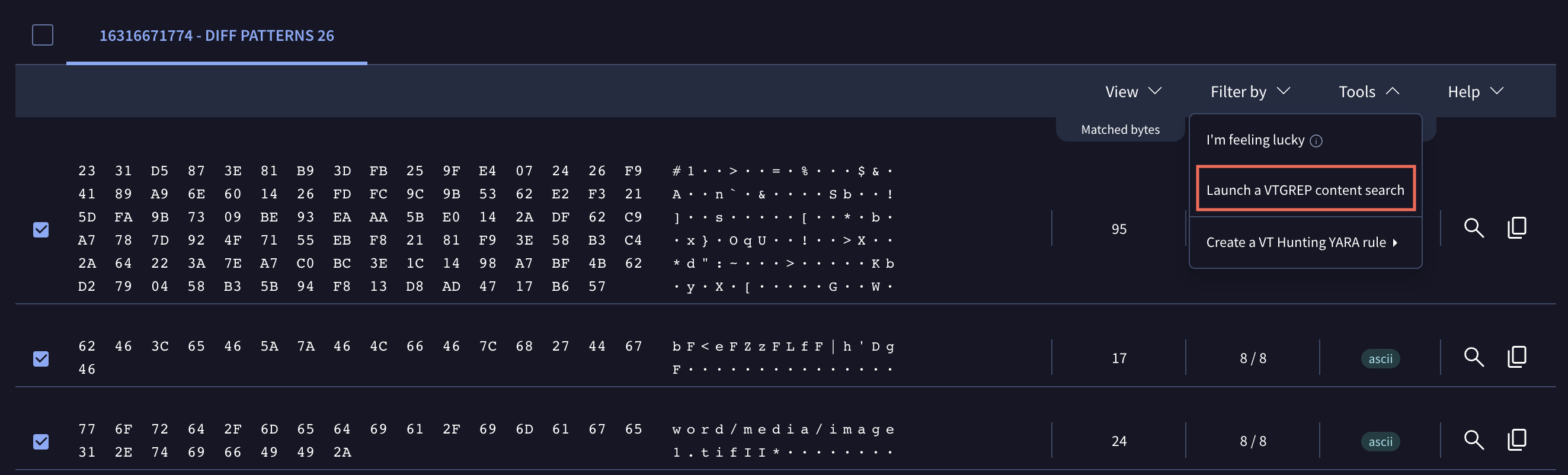 Diff patterns search