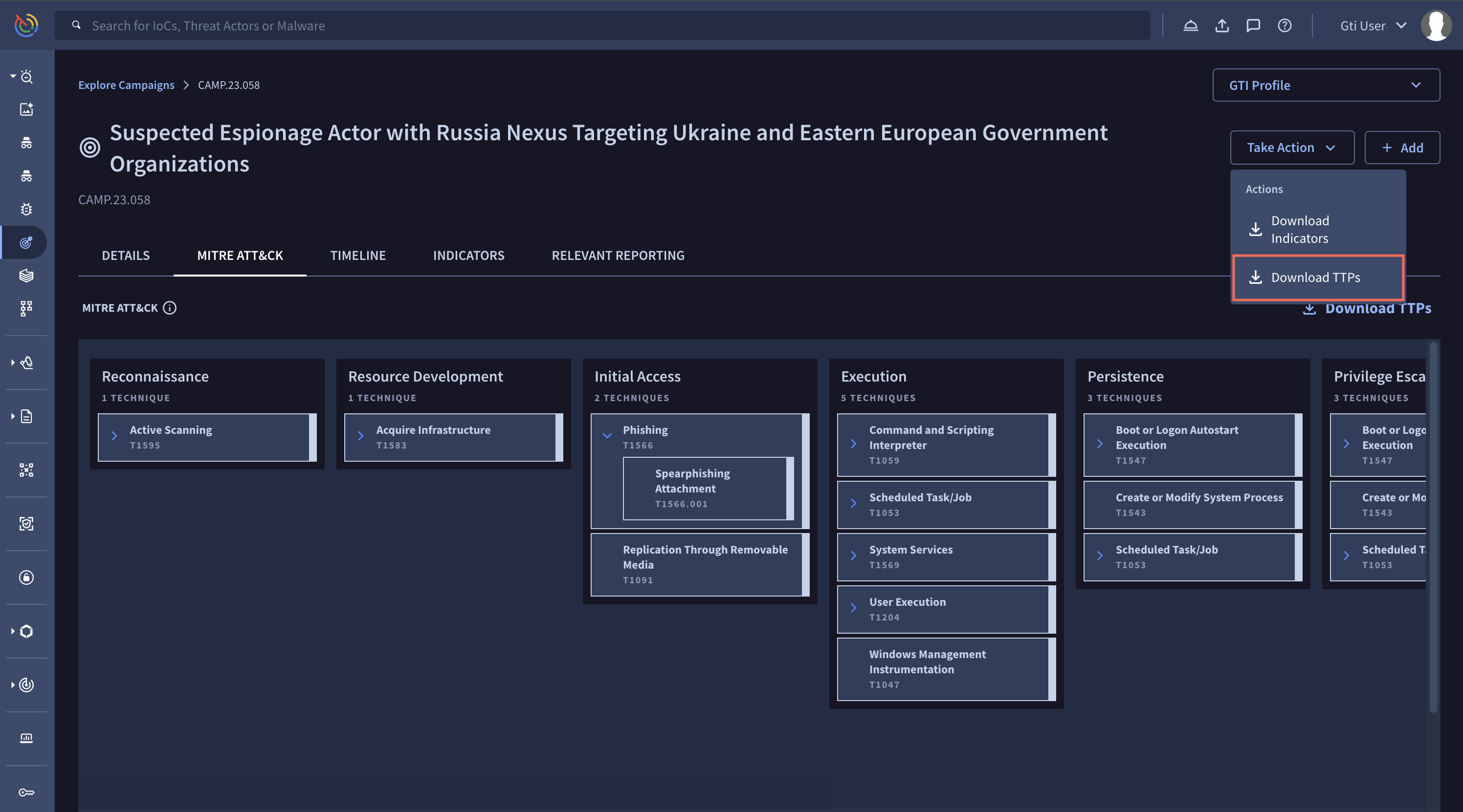 The MITRE ATT&CK framework with red boxes highlighting Spearphishing Attachment and Download TTPs from the Actions drop-down.