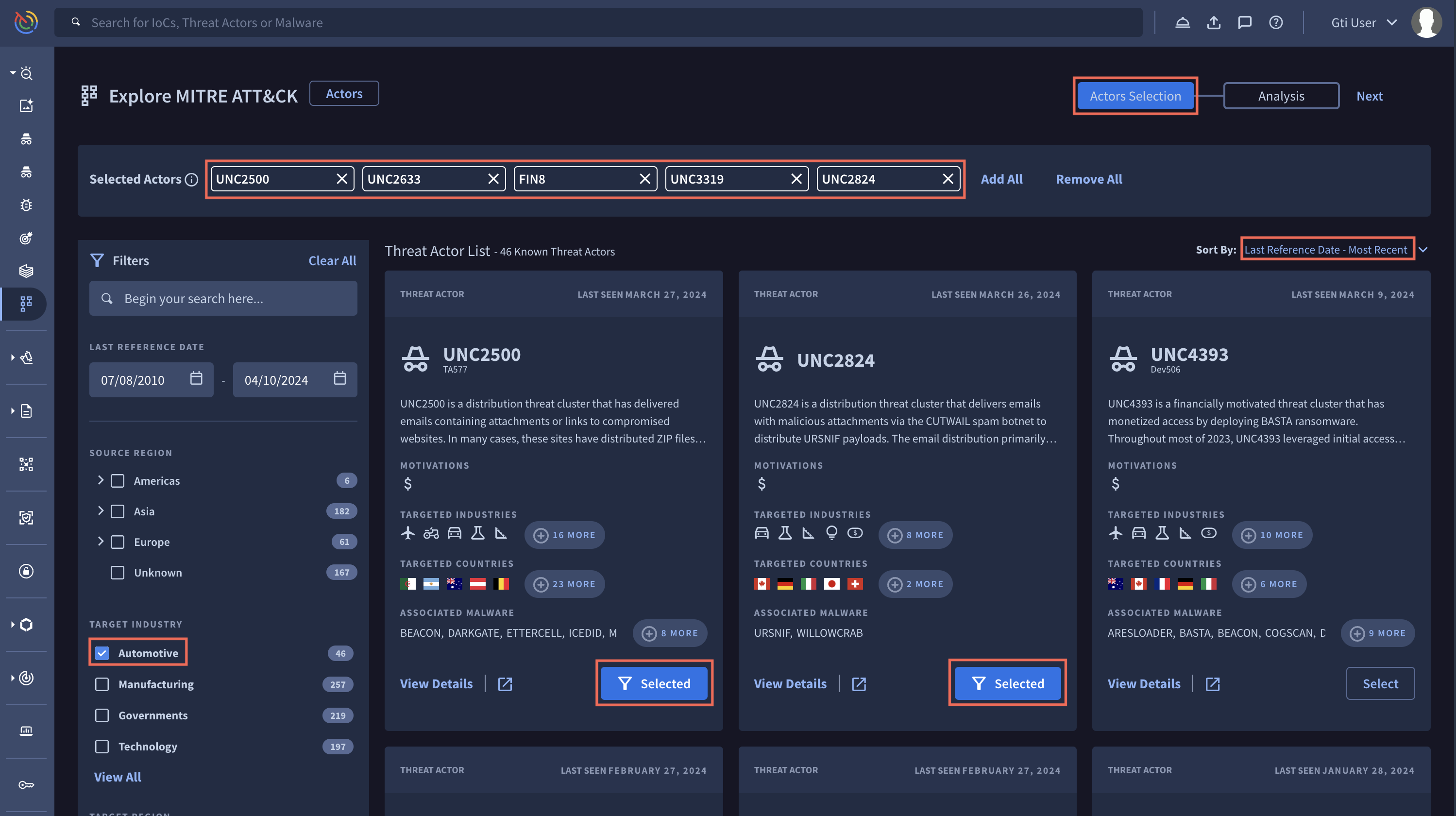 The Actors Selection dashboard lets you choose Actors. You may select more than one Actor and your selection will appear as Selected Actors. You can also use Filters like Automotive as a TARGET INDUSTRY to refine your search according to your needs.