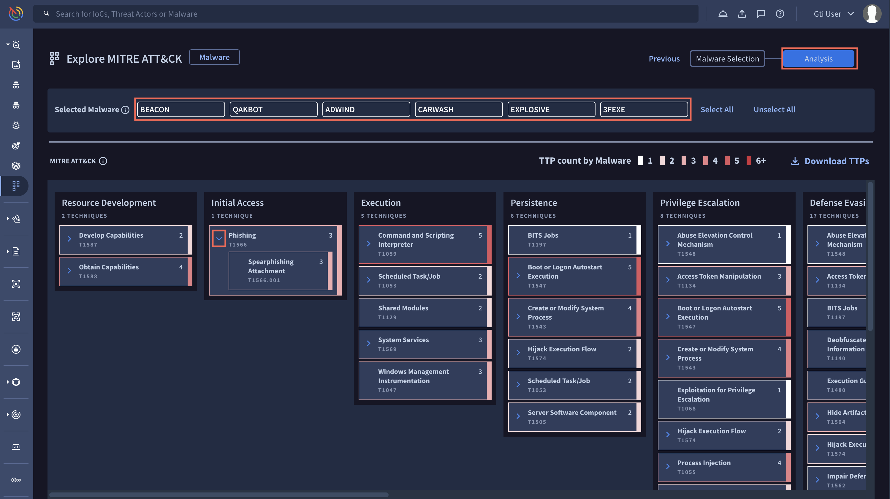 Press Analysis or Next on the Malware Selection dashboard to navigate to the Selected Malware heat map page.  If more than one Malware is selected and analyzed as per the MITRE ATT&CK framework, you get a heat map showing the number of selected Malware associated with each technique or sub-technique to aid in prioritizing mitigation efforts. If there are sub-techniques associated with a technique, a drop-down arrow will expand the heat map cell to reveal them.