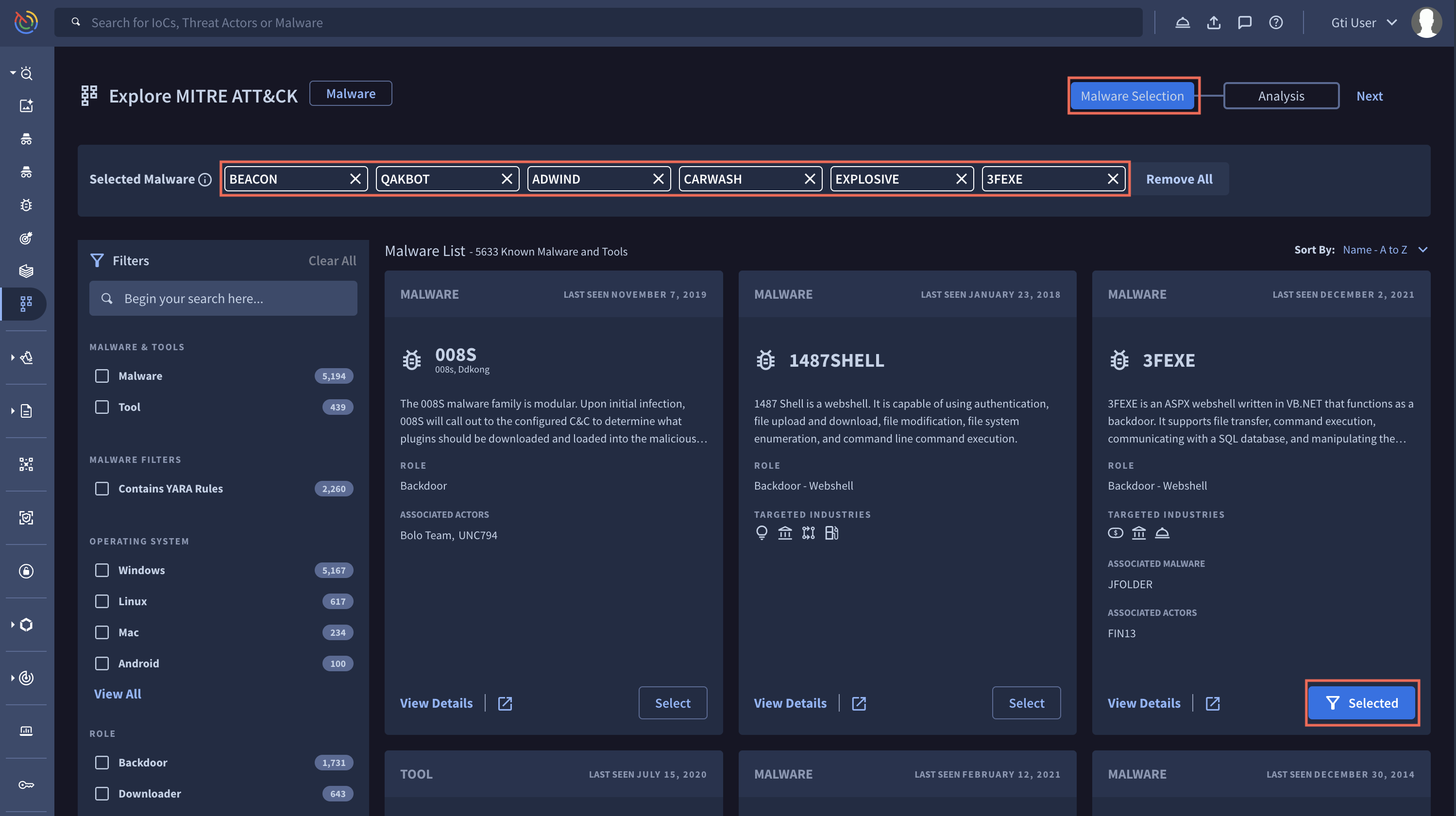 The Malware Selection dashboard lets you choose Malware. You may select more than one Malware and your selection will appear as Selected Malware. You can also use Filters like Backdoor ROLE to refine your search according to your needs.