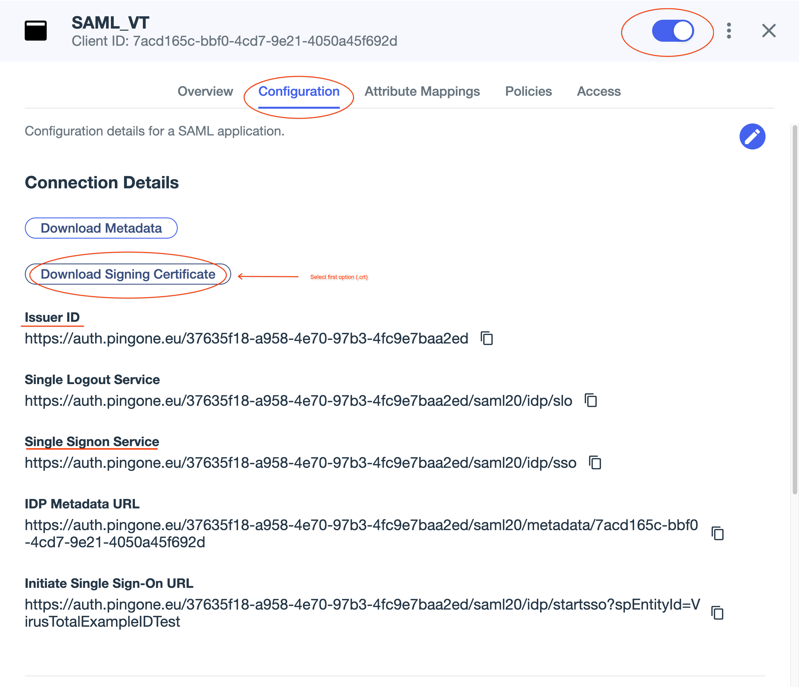 Certificate, issuer ID and SSO URL