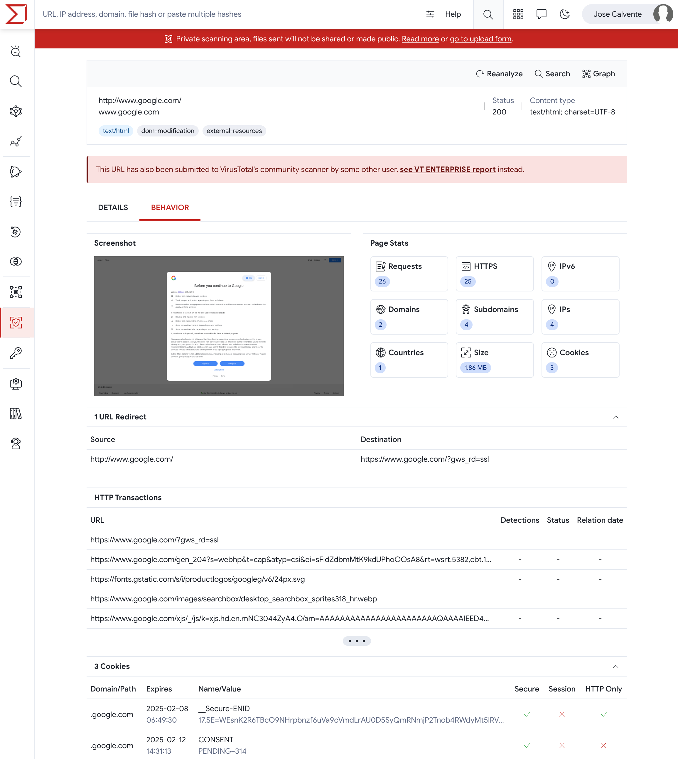 Private Scanning URL behavior