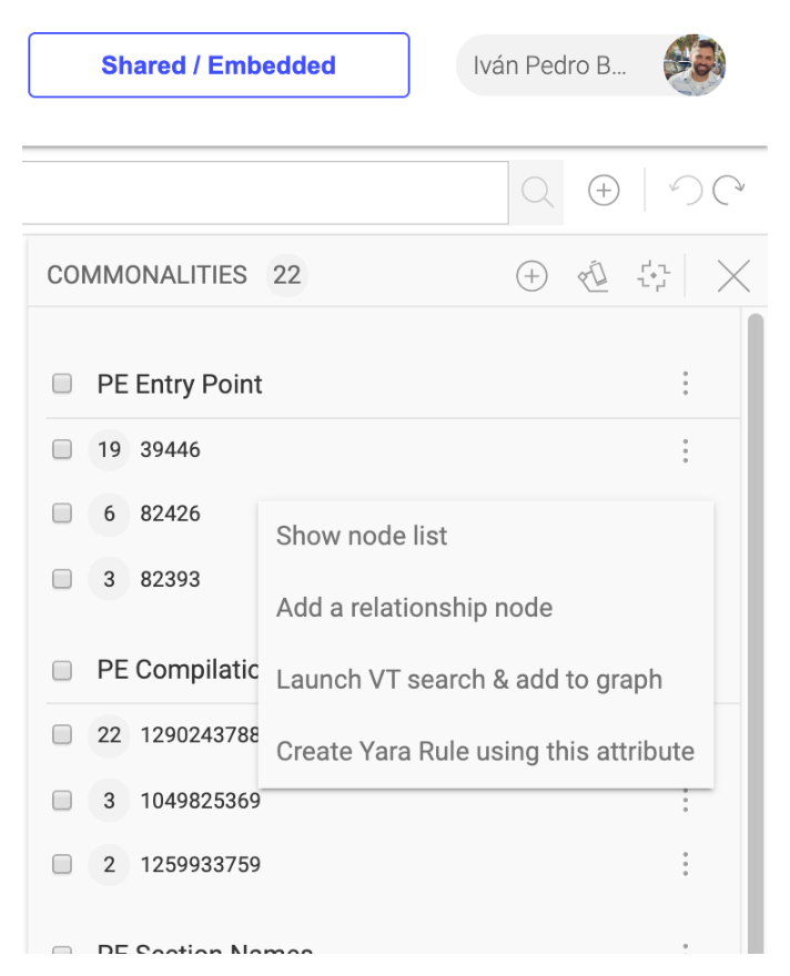 VTGraph commonalities contextual menu