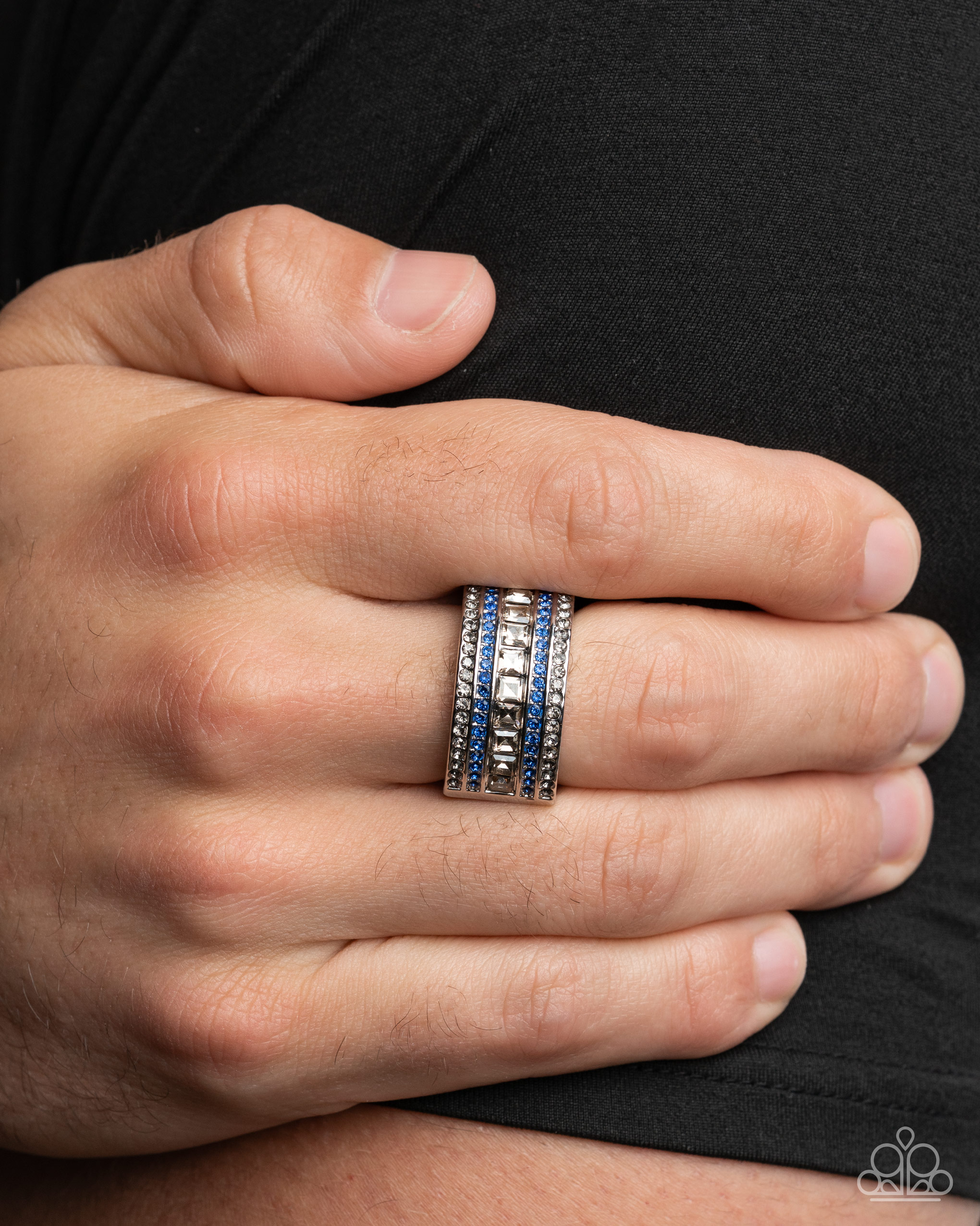 Caviar Class - Blue White Rhinestone Silver Urban Ring