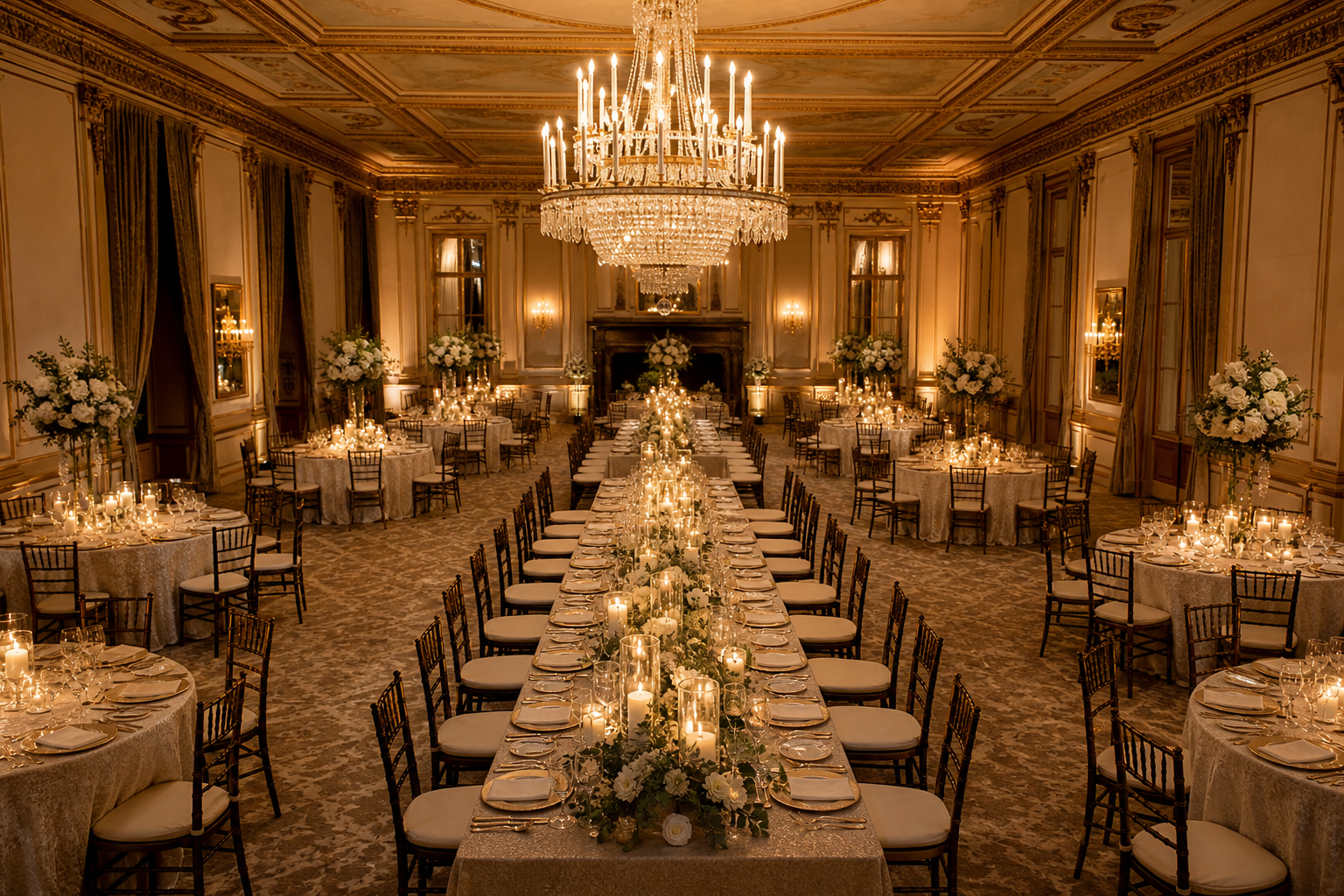 Grand ballroom with chandelier set for a reception