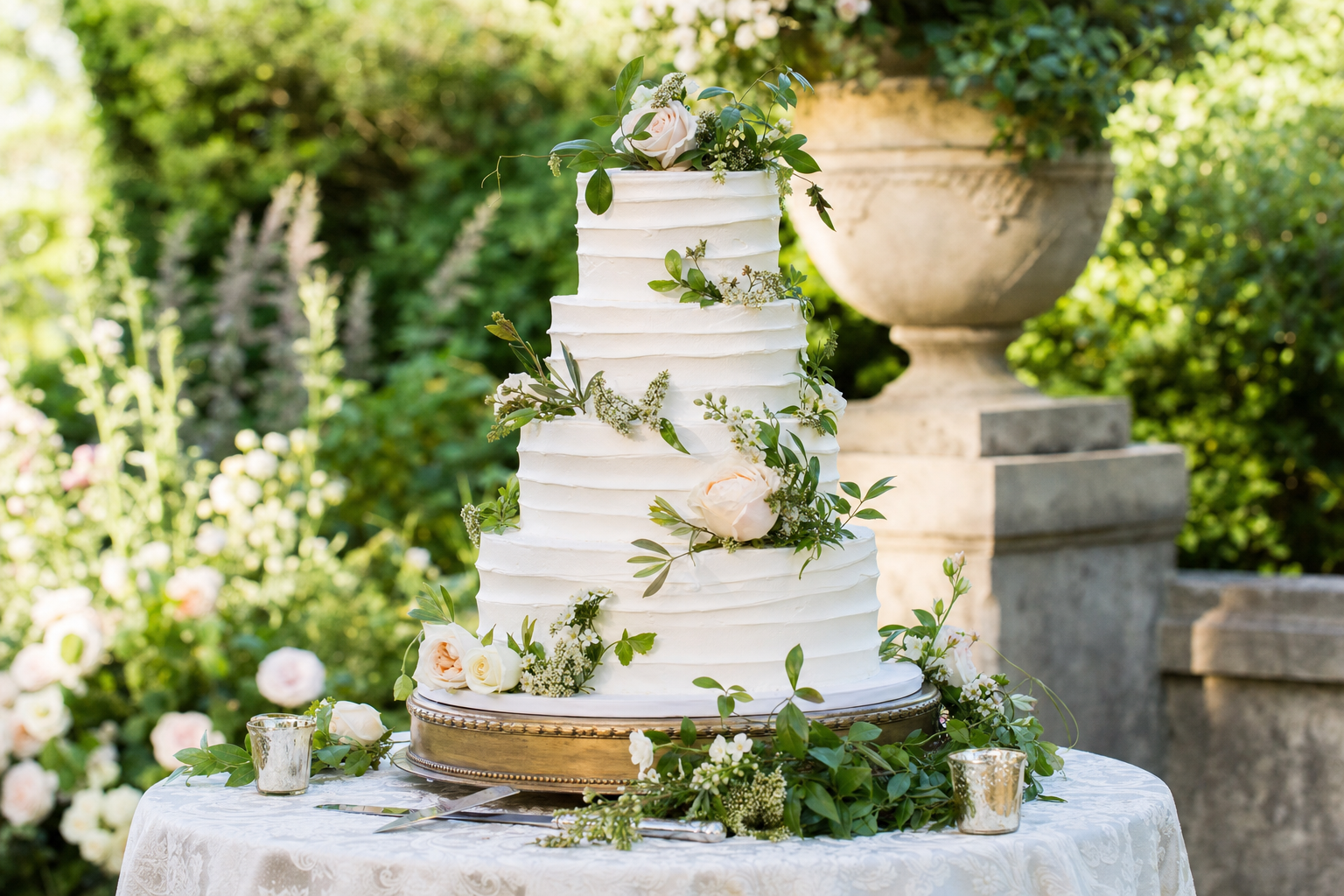 Custom tiered wedding cake decorated with fresh flowers at Loft & Garden