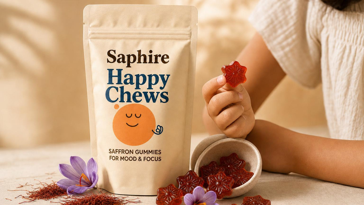 A gummy from Saphire Happy Chews, made with saffron extract and GABA for kids.