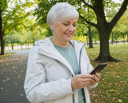 Woman checking an app on a walk