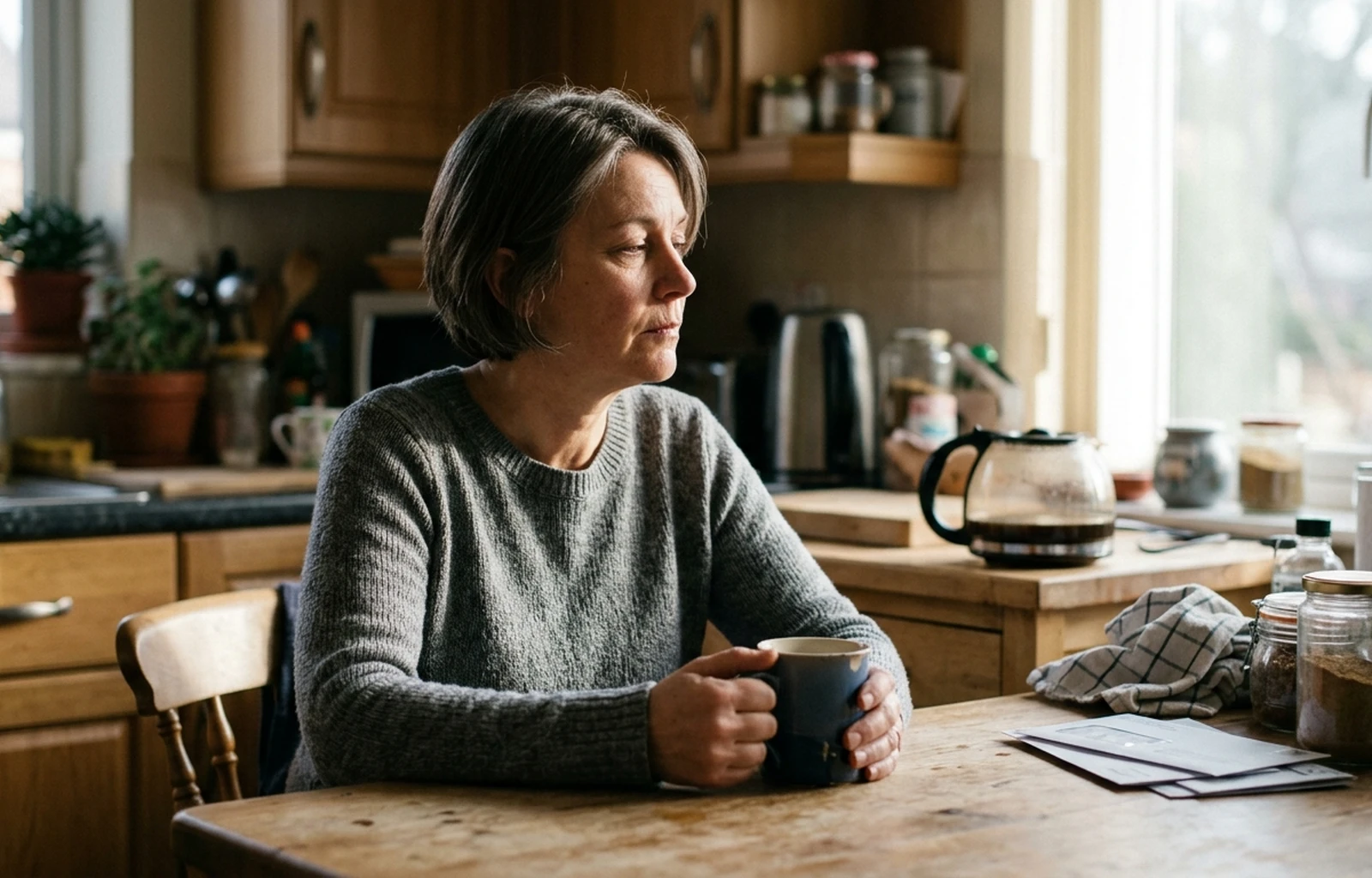 A woman pausing over morning coffee, unaware of the quiet changes inside