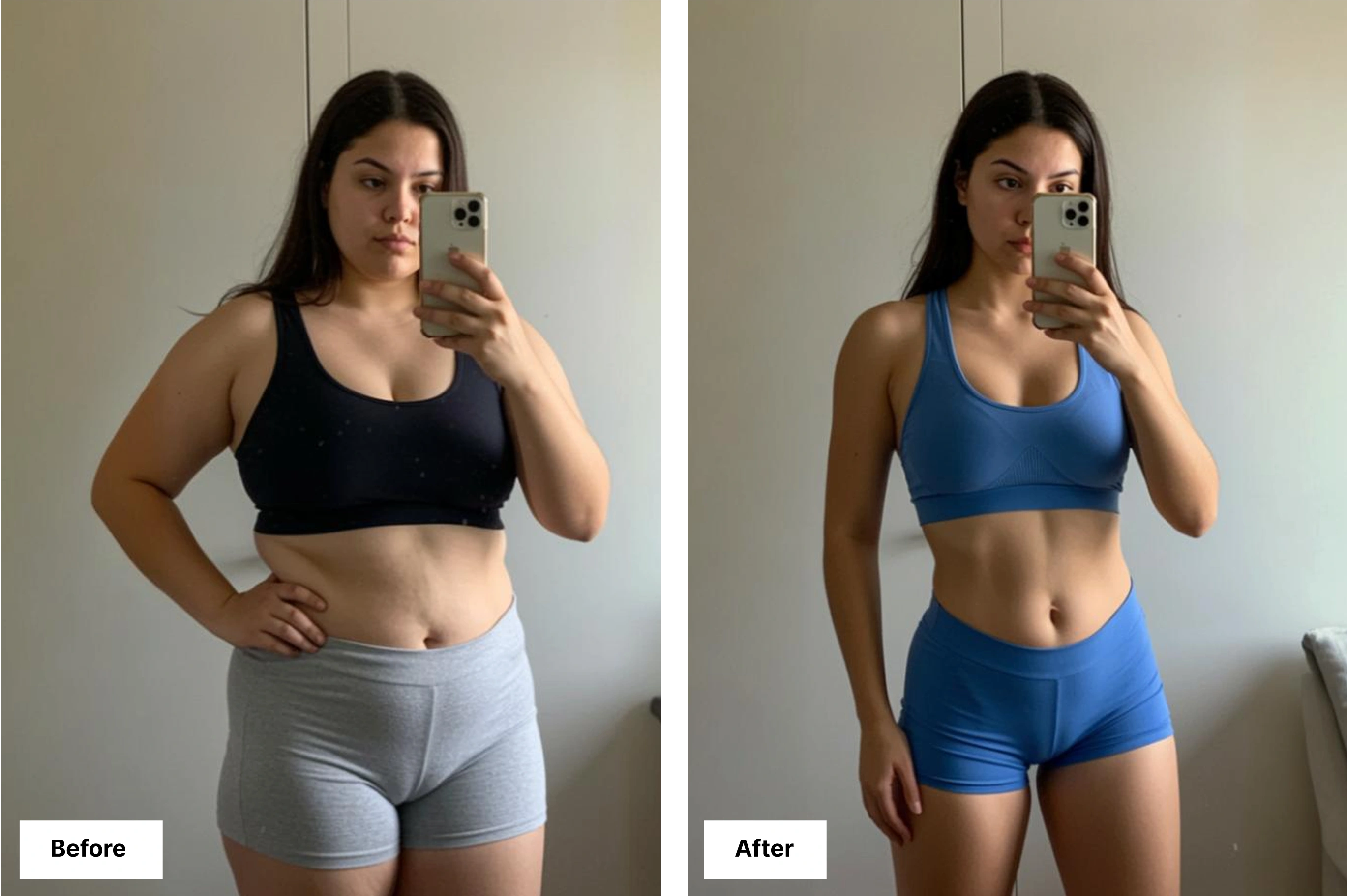 Before and after body transformation at the same scale weight